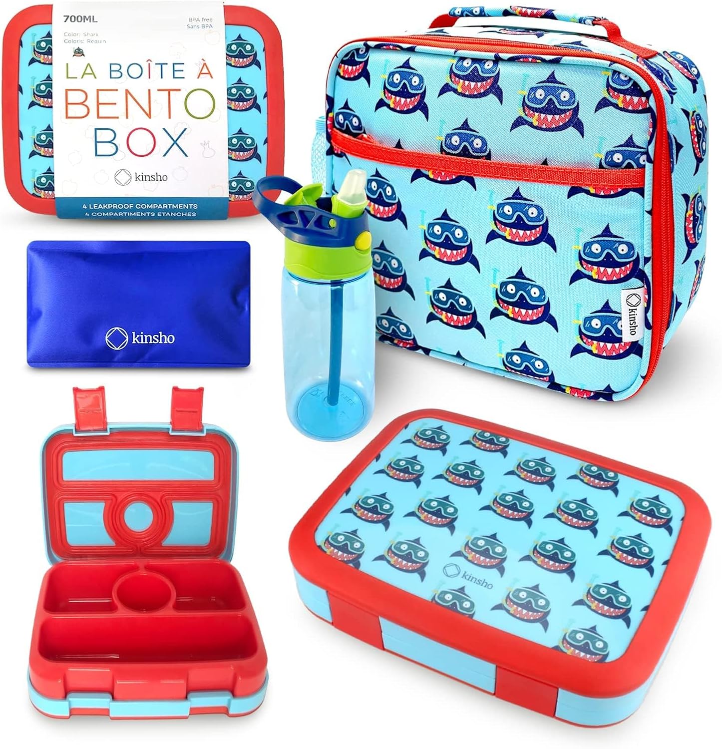 kinsho Bento Lunch Box Insulated Bag, Water Bottle & Ice Pack Set for Kids Toddlers, 4 Portion Sections, Removable Tray, PreSchool Kid Toddler Daycare Lunches, Snack Container, Blue Shark Blue Shark Set