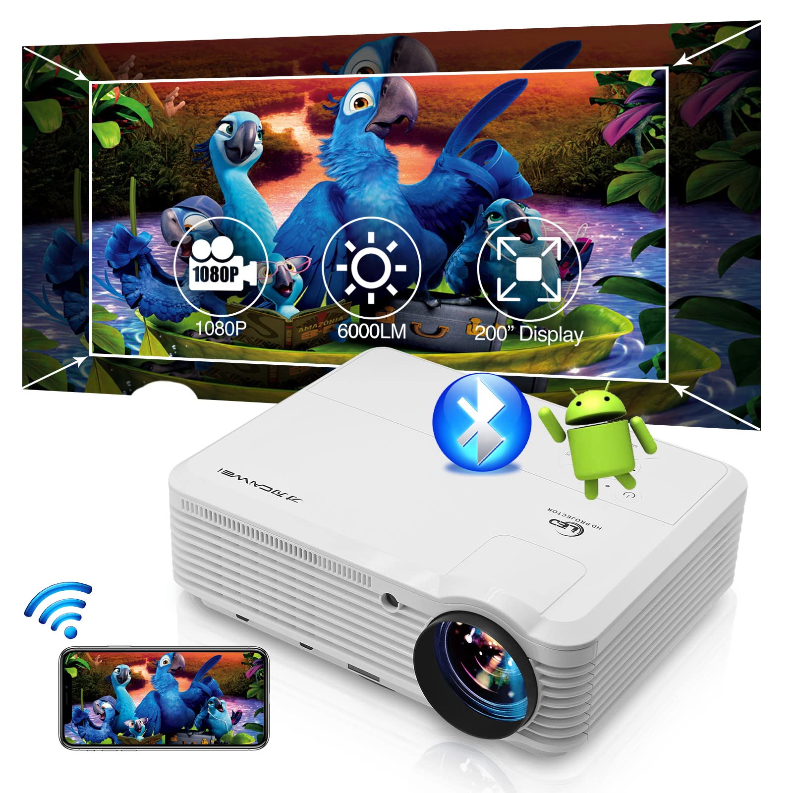 WiFi Projector for Wireless Phone Mirroring, 6000L Movie Projector for Indoor Outdoor Theater 1080P Full HD and 200" Display, Smart Android Projector with Digital Zoom for TV Stick/Laptop/HDMI/USB/VGA