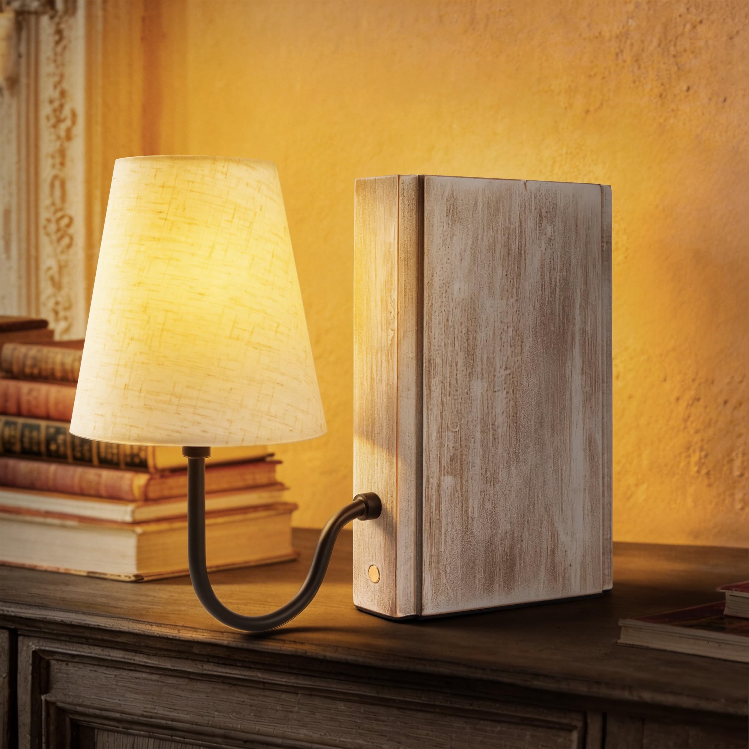 AELS Wooden Bookshelf Lamp with Bulb, Table Lamp with Linen Shade, 3-Color Dimmable Touch Control, Modern Farmhouse Decorative Bookend, Book Sconce