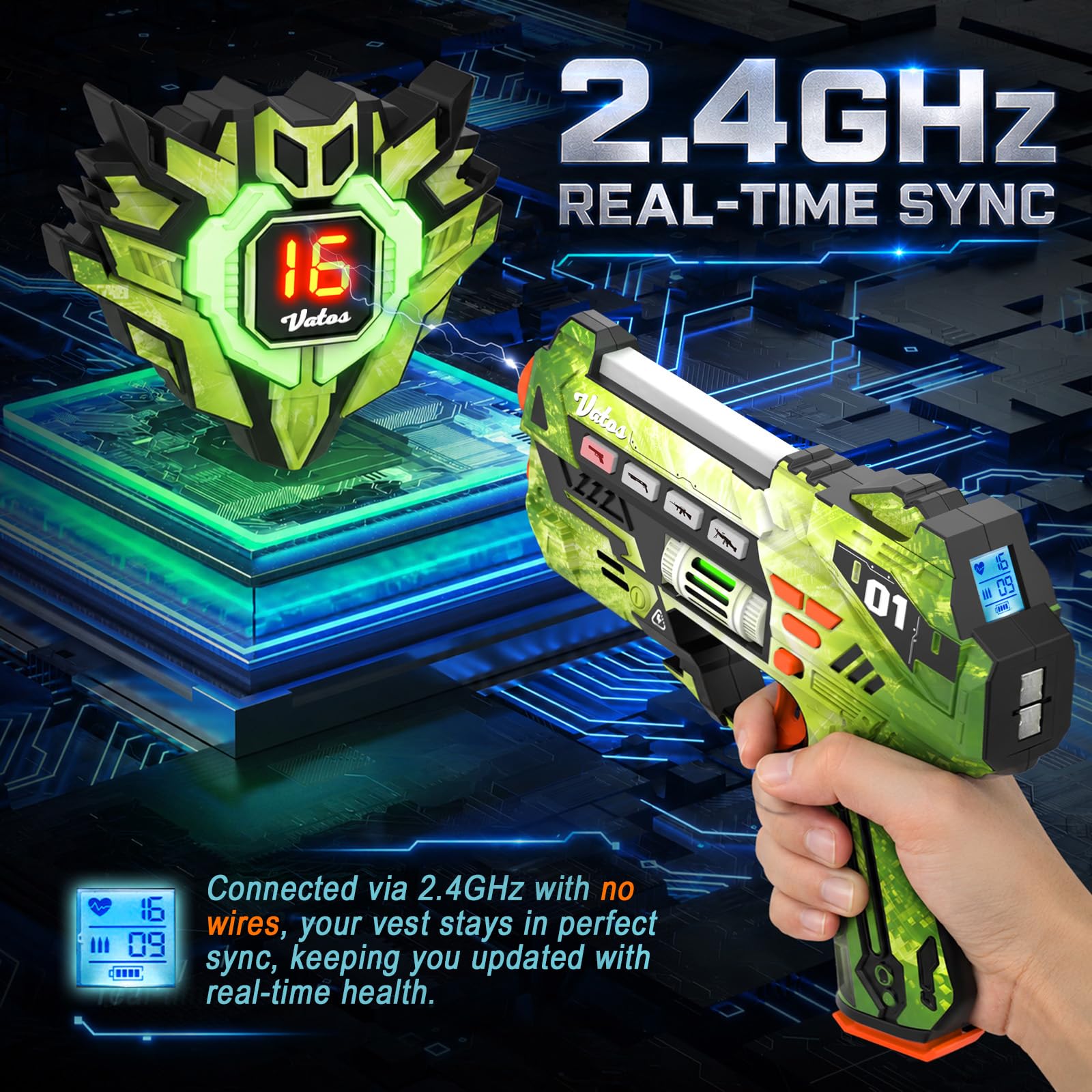 VATOS Set Laser Tag con Sensori 360°, Stazione di Ricarica e Carte Energia, 4 Pistole Laser Ricaricabili con Schermo LCD e Sincro 2,4 GHz, Gioco Laser per Interni/Esterni per Bambini e Famiglia