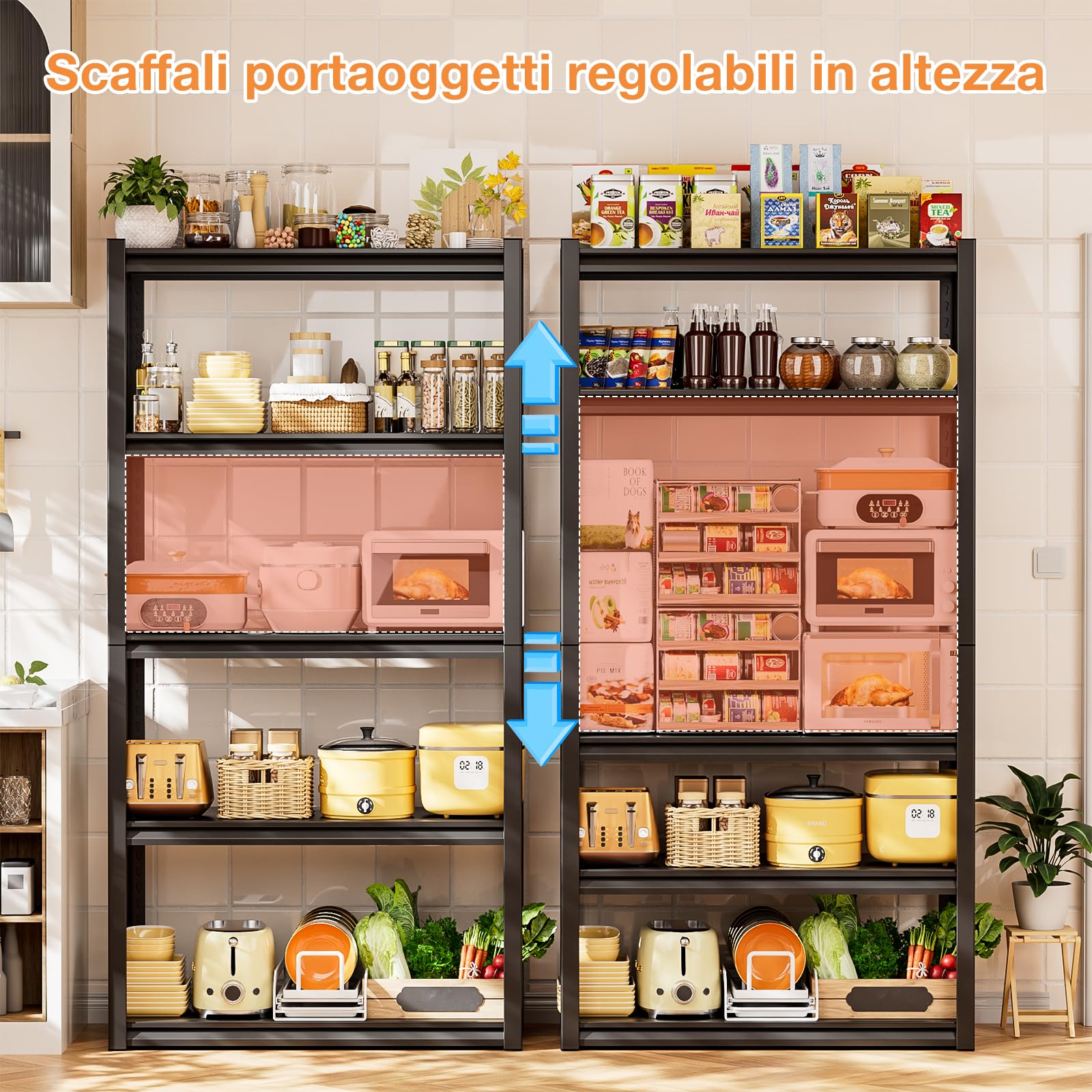 Himimi Scaffale per Carichi Pesanti in Metallo 90x40x182 cm, Portata 1000kg, Scaffalatura a 5 Ripiani a Griglia Regolabili, Scaffale ad Incastro per Garage Cantina Magazzino Officina Cucina, Nero