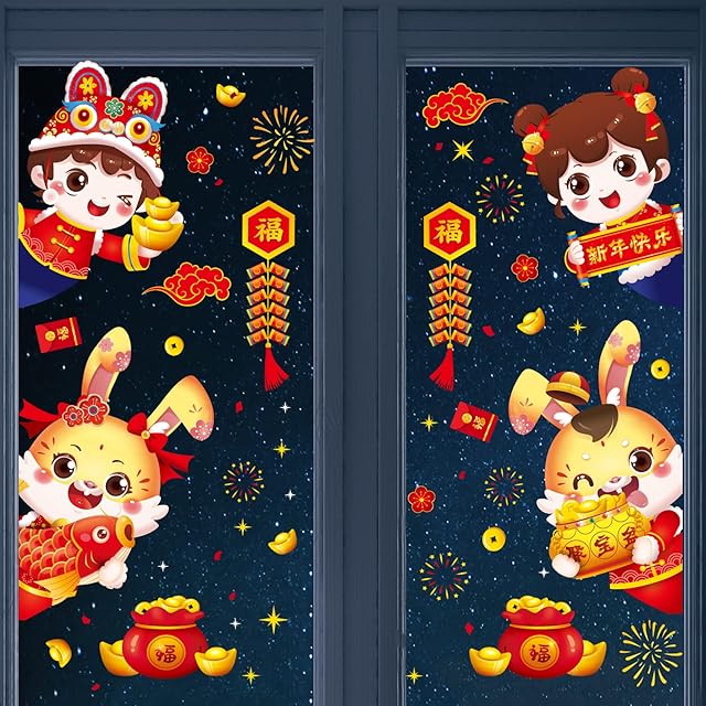 Chinese New Year 2023 Window Stickers, Year of The Rabbit Chinese Lunar New Year Window Clings, Spring Festival Window Decals Decorations