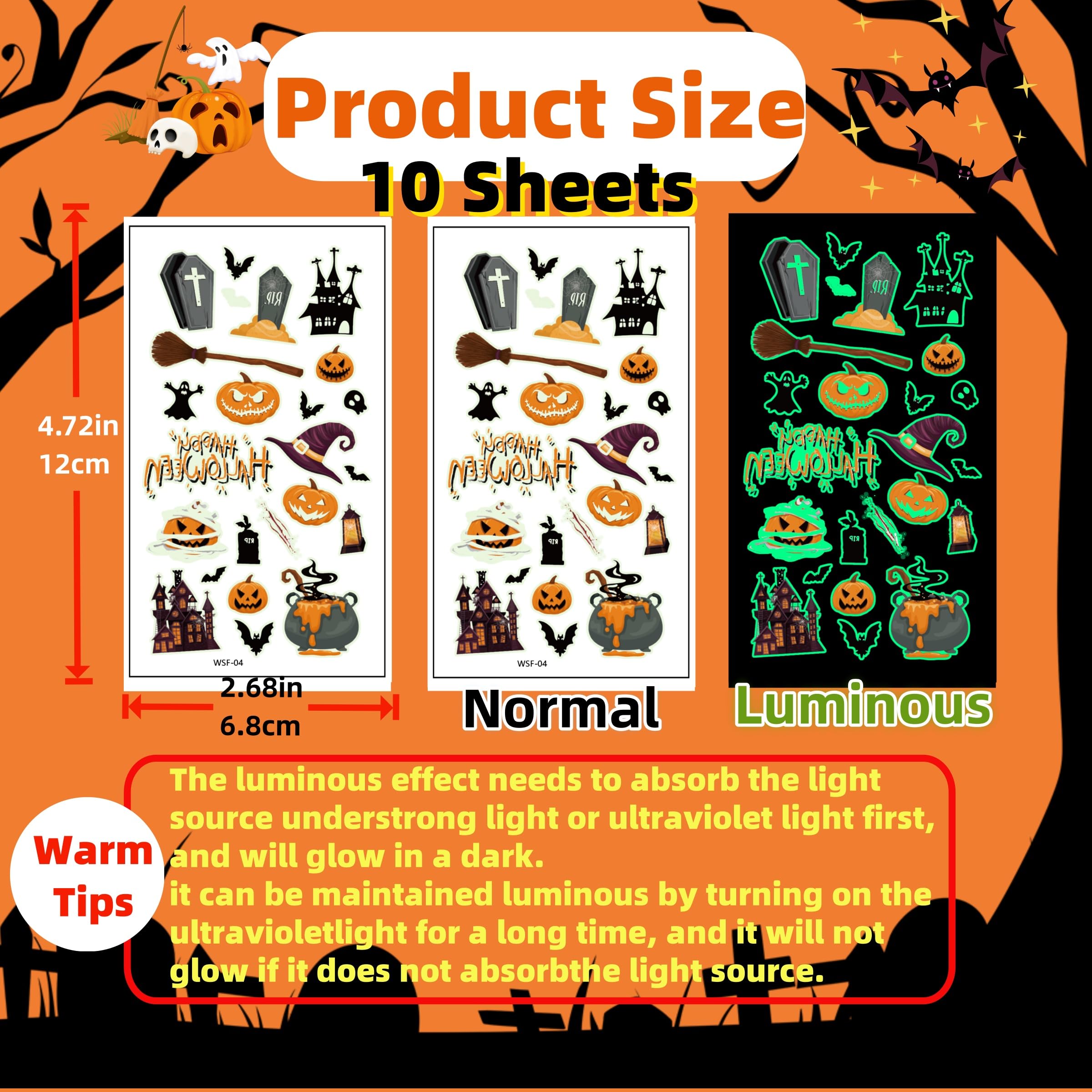 200+ tatuaggi di Halloween per bambini, tatuaggi per Halloween, festival, trucco per bambini, tatuaggi luminosi, tatuaggi adesivi decorativi per bambini, regalo per ragazzi e ragazze dai 3 ai 12 anni