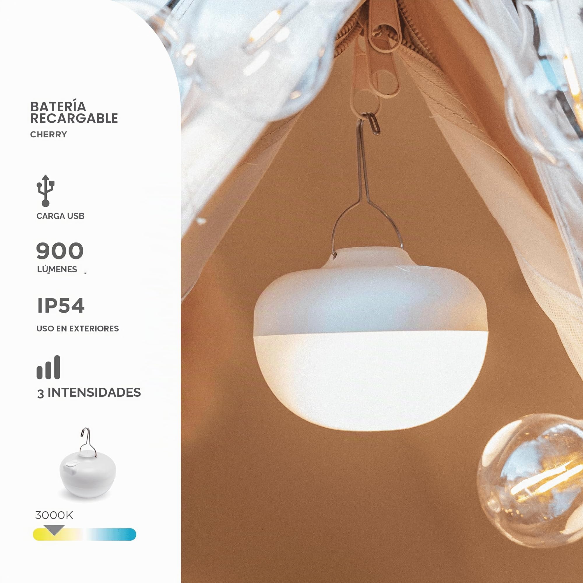 Newgarden - Lámpara de Camping y Emergencias LED Cherry. Bombilla Portátil con Gancho e Imán, Sin Cables con Batería Recargable por USB. 900 Lúmenes y Hasta 20H de Uso. Resistente IP54 (Blanco)