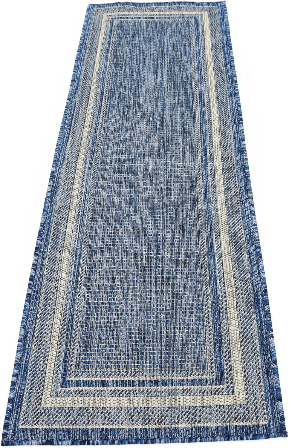 Rugs.com Outdoor Border Collection Rug – 2' x 6' Runner Blue Flatweave Rug Perfect for Hallways, Entryways