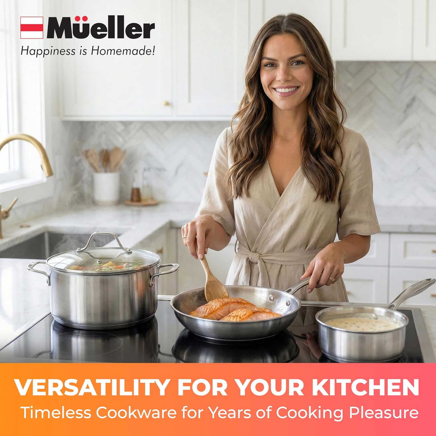 Mueller Pots and Pans Set 17-Piece, Ultra-Clad Pro Stainless Steel Cookware Set, Ergonomic EverCool Handle, Induction Cookware, Includes Saucepans, Skillets, Dutch Oven, Stockpot, Steamer For Cooking - Image 8