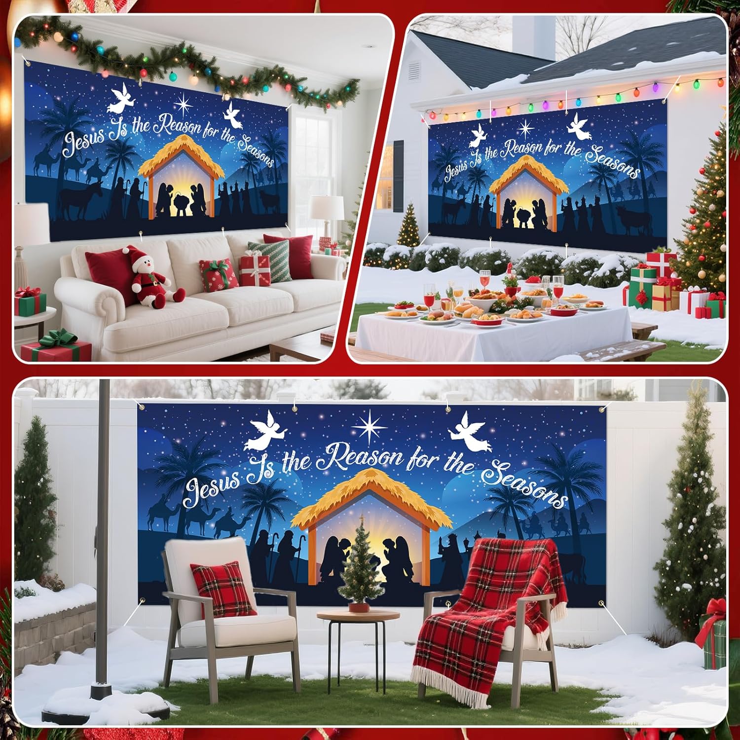7 x 16 ft Christmas Nativity Garage Door Banner,ChristmasGarage Door Banner,Large ChristmasGarage Door Decors Jesus Backdrop Background,Nativity Christmas Banner Bule