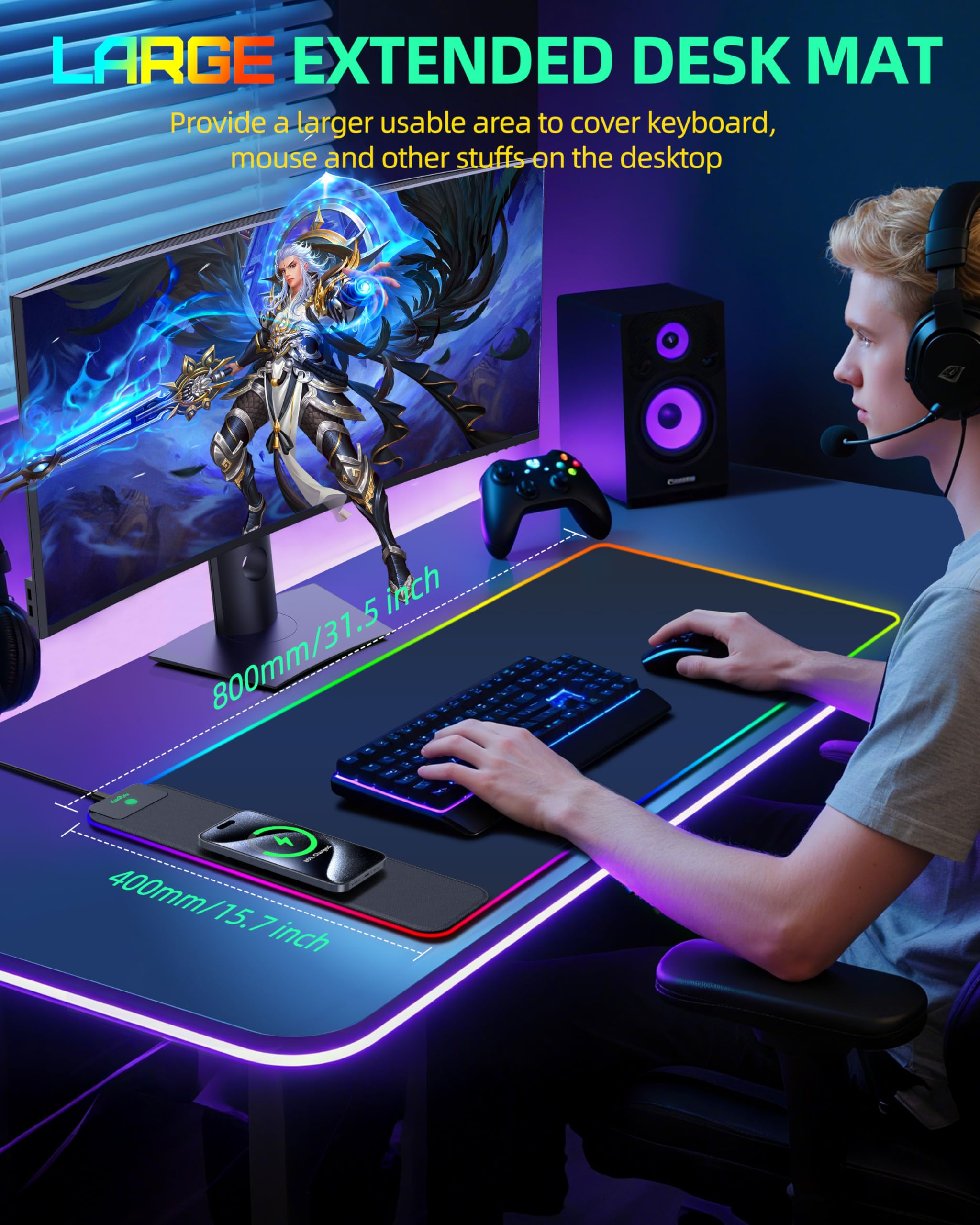 Tappetino per mouse con ricarica wireless, tappetino da scrivania da gioco RGB, grande tappetino da scrivania XXL, 15 modalità di illuminazione, superficie ultra liscia, tappetino per mouse