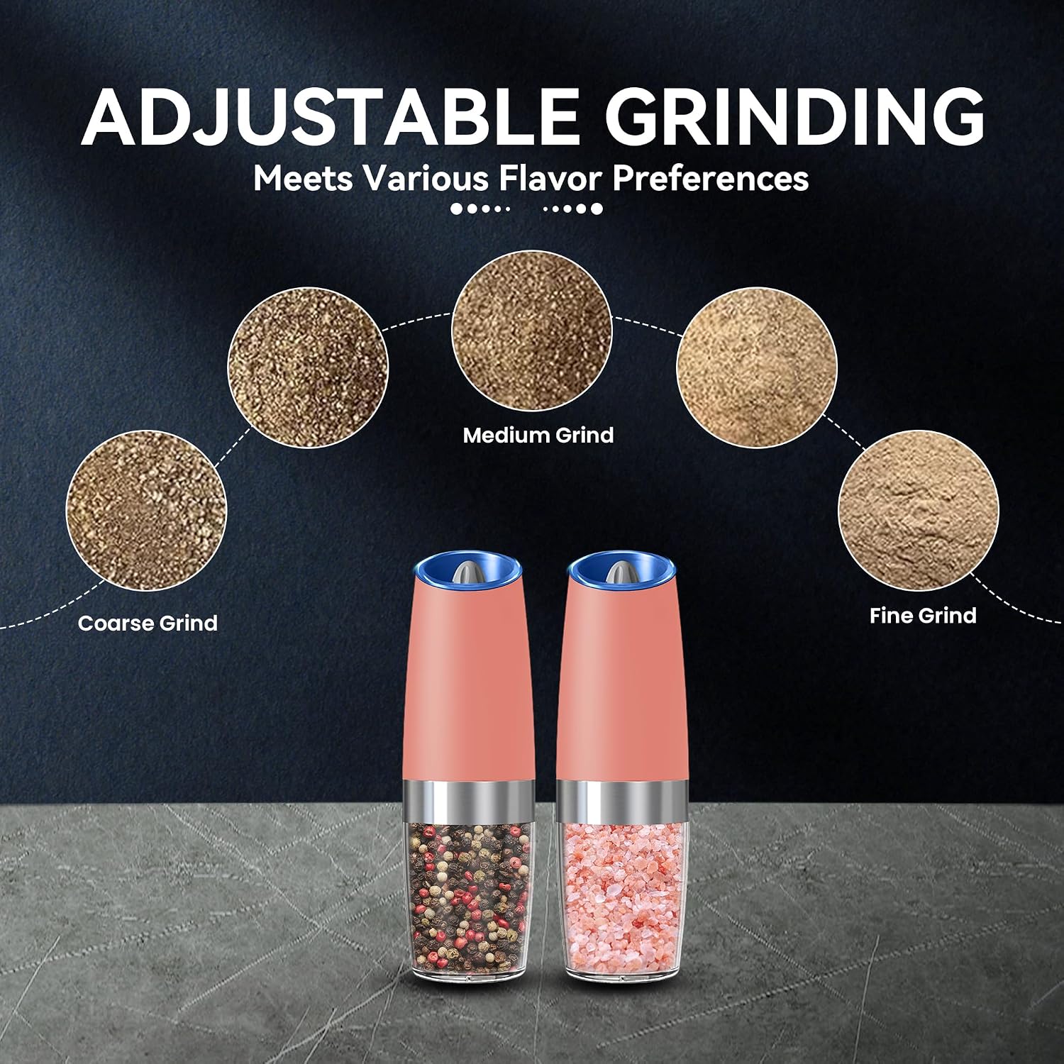 UNNEES Battery Operated Gravity Salt And Pepper Grinder Set, 2 Pcs (Pink) image 3