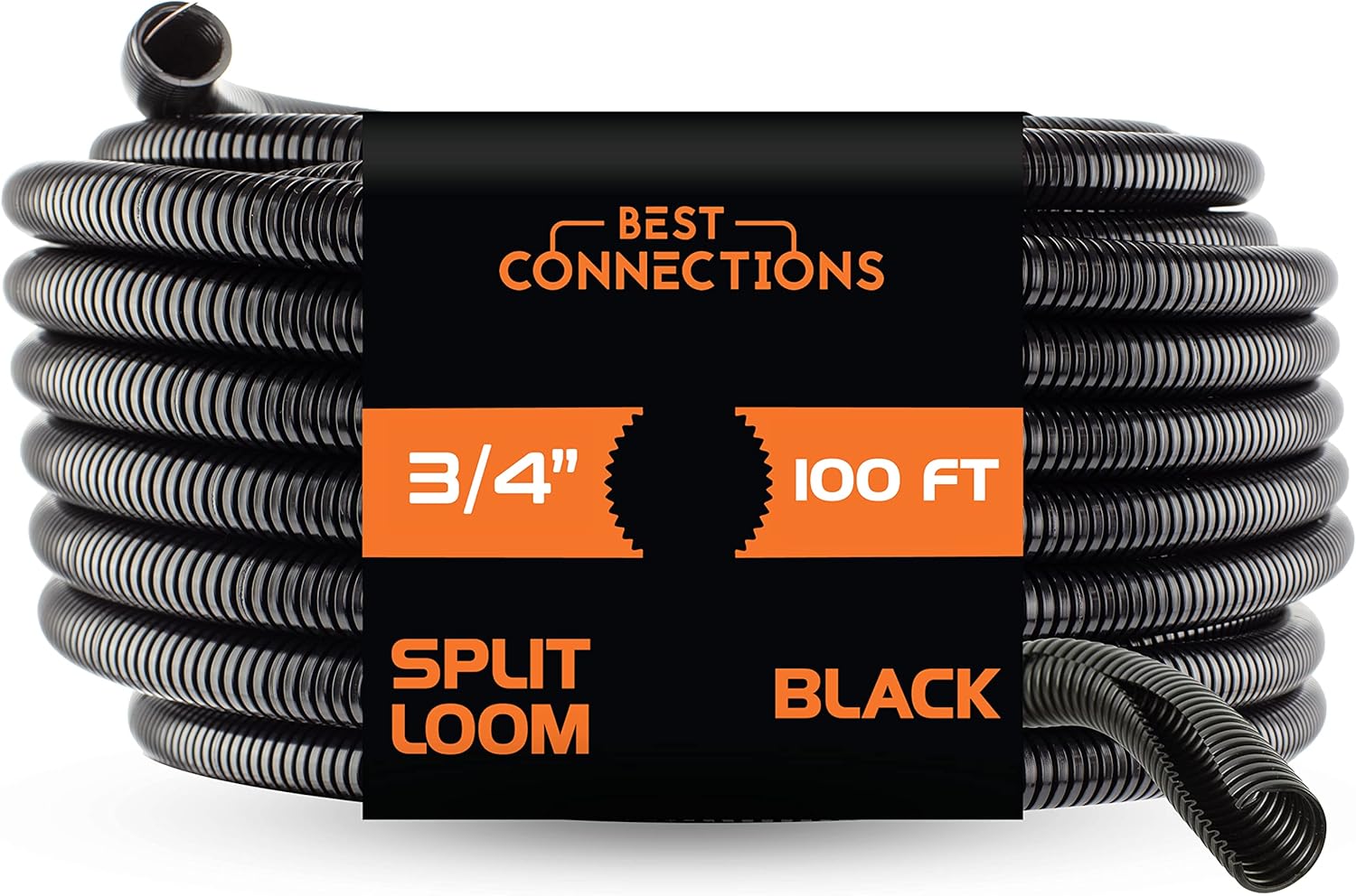 BEST CONNECTIONS Split Wire Loom Flex-Guard Convoluted Tubing Protective Split Cable Sleeves for Auto Home Industrial Electrical Wires Chemical Resistant Conduit Black (3/4" - 100 ft)