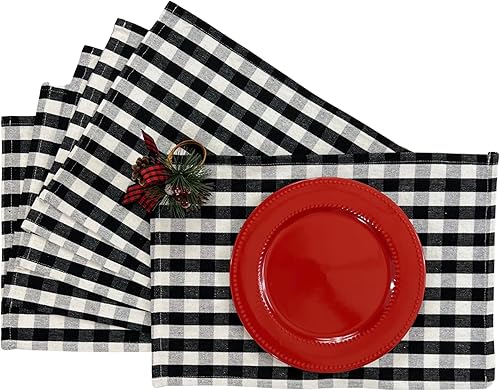 Miniatura 3 de Juego de seis (6) manteles individuales de tartán de Navidad, tela de tejido plano blanco y negro, para vacaciones, Acción de Gracias, invierno,
