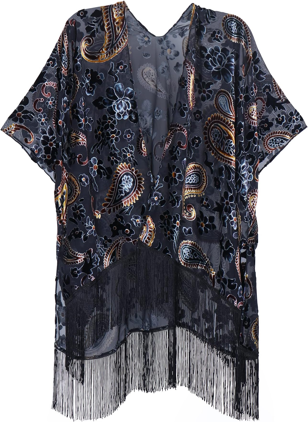 Women's Burnout Velvet Kimono Cardigan Cover Up with Tassel