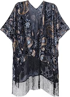 Women's Burnout Velvet Kimono Cardigan Cover Up with Tassel