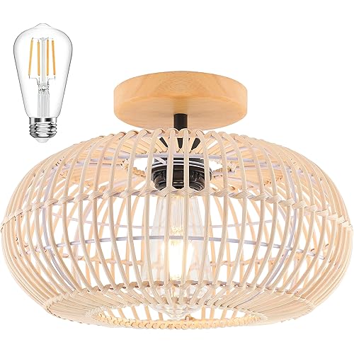 HXMLS Ceiling Light Fixture,Semi Flush Mount Ceiling Light, Rattan Lampshade Wicker Bamboo Farmhouse Light Fixtures with Rattan Shade for Bedroom Hallway Dining Room Bathroom Corridor Passway 1Pack