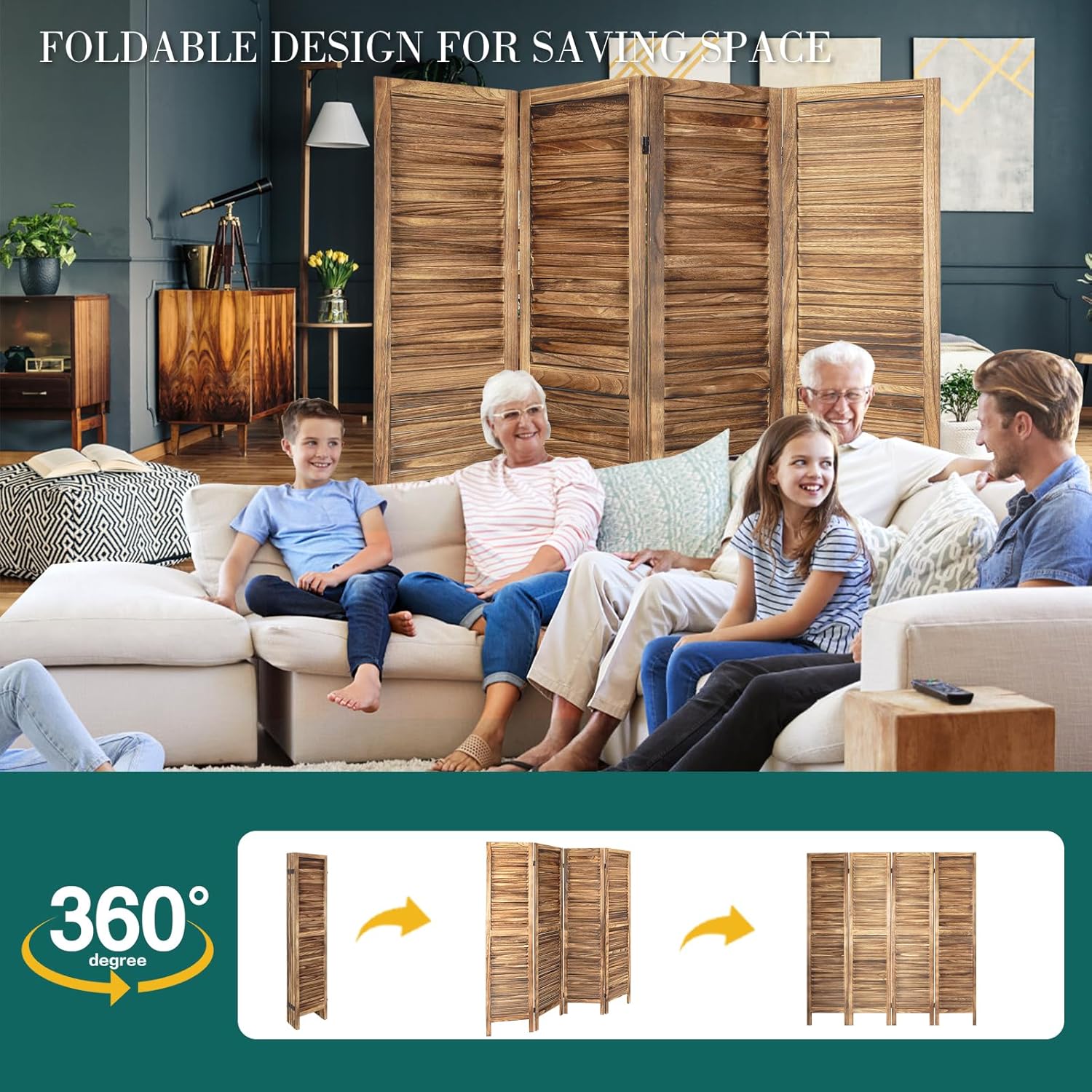 ECOMEX Divisor de habitación de 4 paneles, pantallas de privacidad plegables, divisor de bambú independiente, divisor de partición para separación