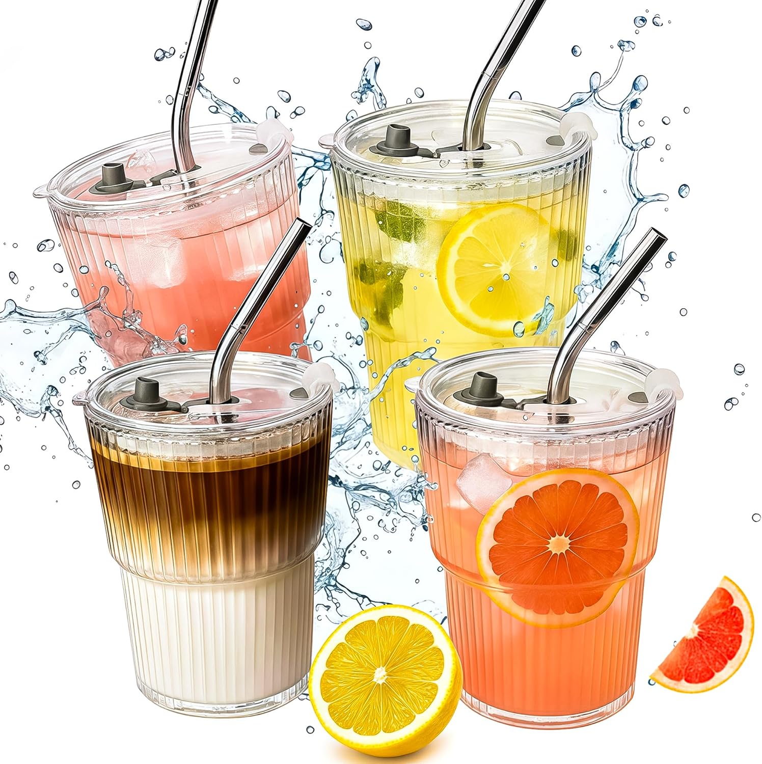 4 Packs Ribbed Glass Tumbler with Lid and Straw 13 oz Cute Ice Coffee Cup Set for Smoothie Juice Matcha Tea Latte Cappuccino Espresso Hot Coffe Water Reusable Clear Travel Boba Aesthetic Drinking Mug