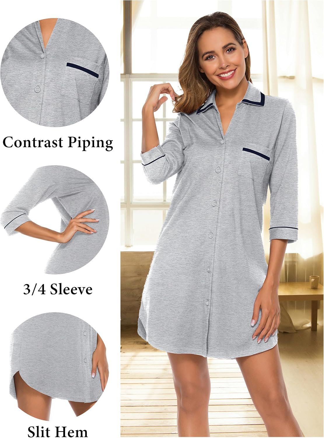 EA'S SECRET 100% Cotton Nightgowns for Women 3/4 Sleeve Button Down Nightshirts Soft V-Neck Knee Length Sleepwear With Pocket