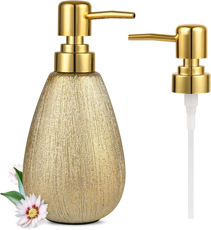 Brushed Gold Ceramic Soap Dispenser, 11 Oz Textured Hand or Dish Soap Dispenser with Golden Plastic Pump for Bathroom or Kitchen Countertop