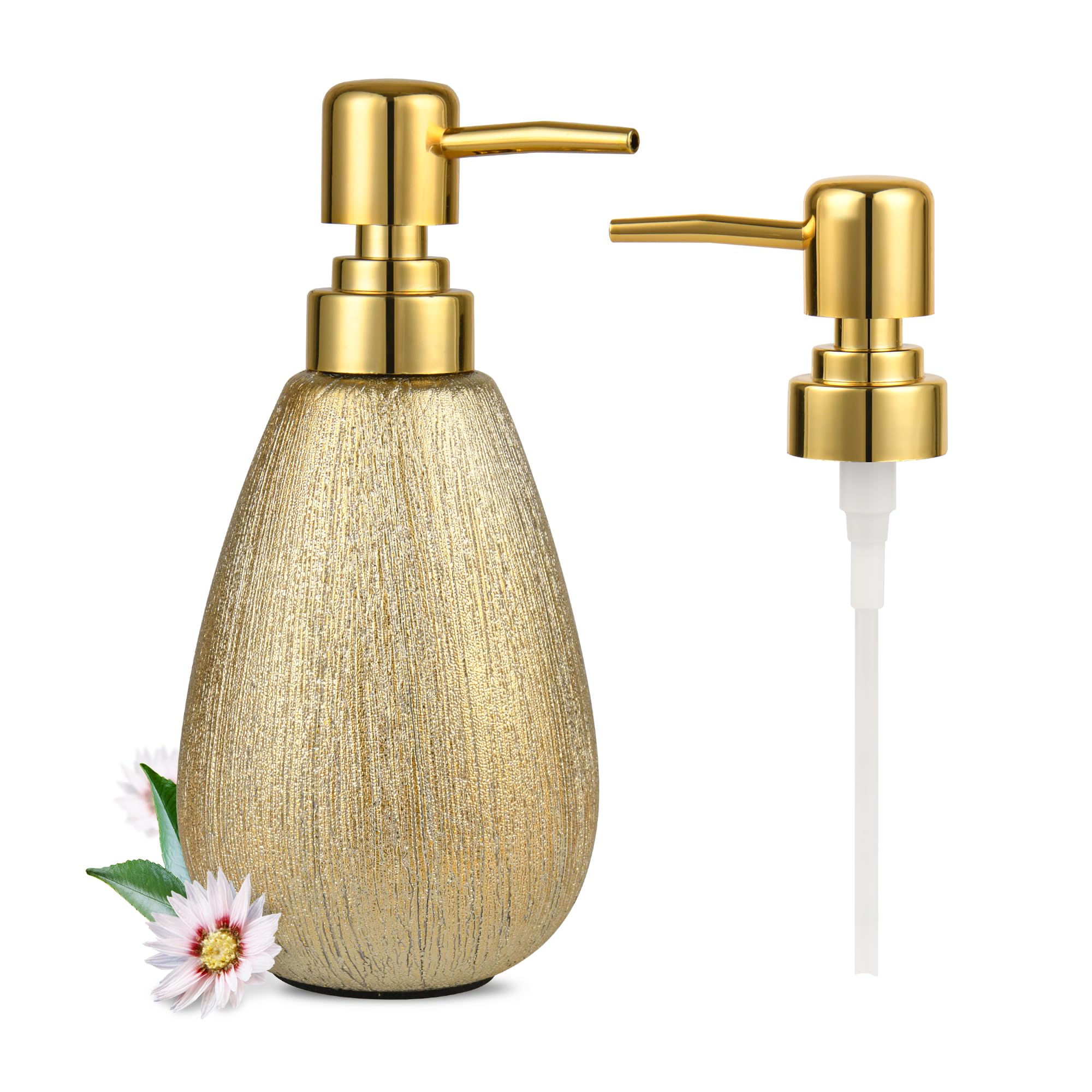 Abbi Nimo Brushed Gold Ceramic Soap Dispenser, 11 Oz Textured Hand Or Dish Soap Dispenser With Golden Plastic Pump For Bathroom Or Kitchen Countertop