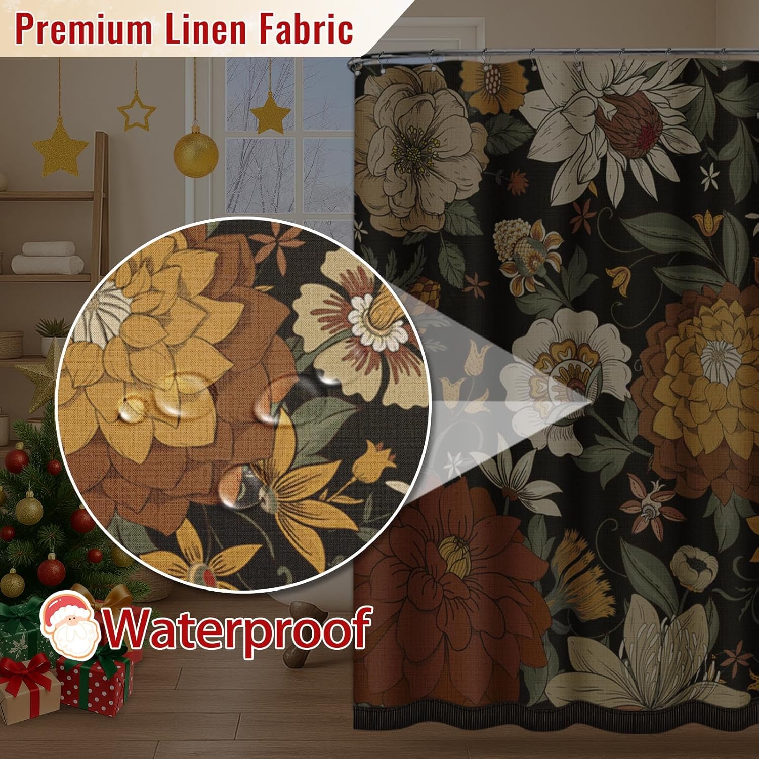 Emvency Black Floral Boho Mid Century Modern Tassel Shower Curtain Set, Colorful Flower Tropical Leaves Linen Fabric Cloth Shower Curtains for Bathroom Decor 72 x 72 Inches with Upgraded Metal Hooks