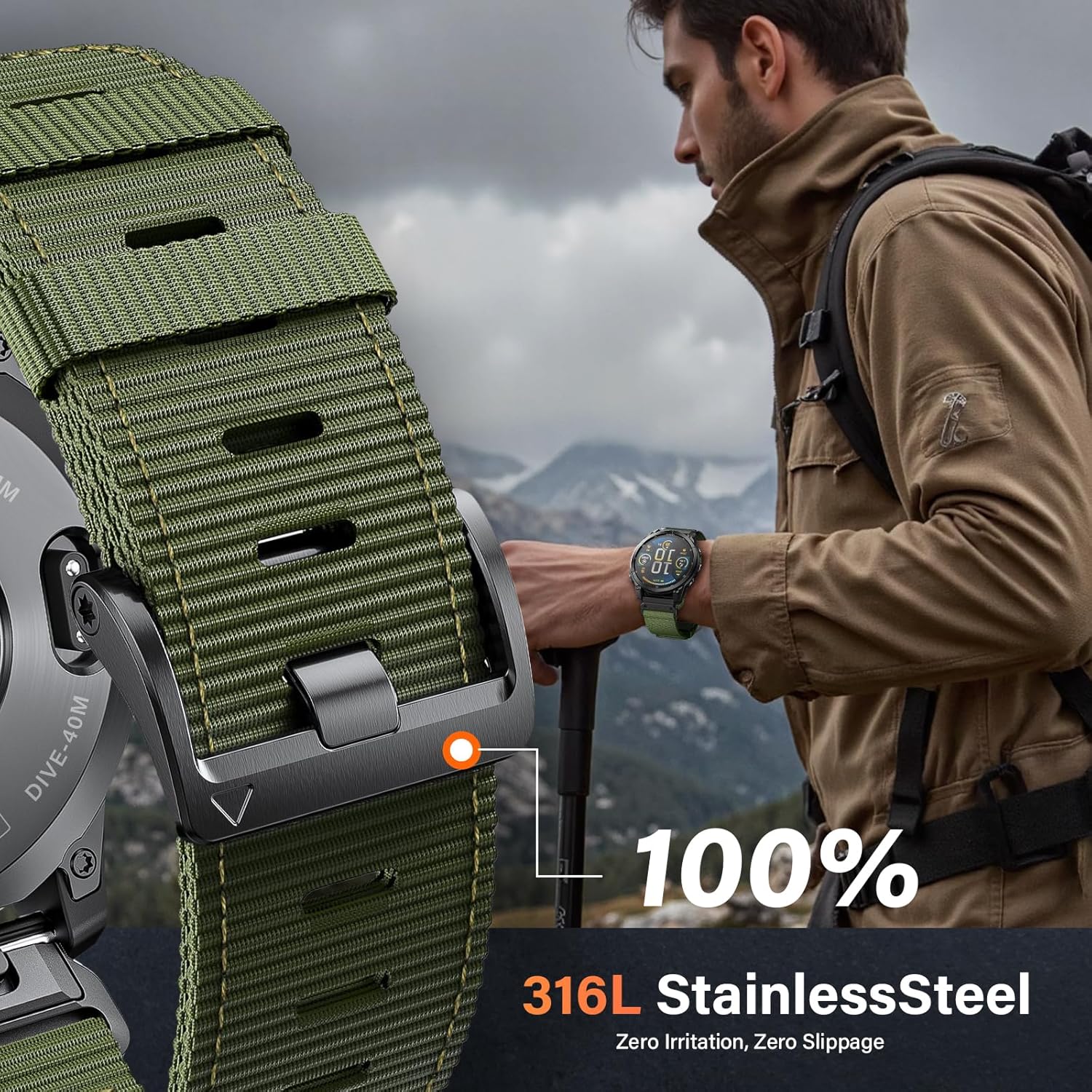 Compatible with Garmin Fenix 6 Watch Band for Fenix 8 47mm/8 Pro 47mm/7/6 Pro/5/5 plus, 22mm Quickfit Nylon Sport Watch Strap for Forerunner 945/965/935/Epix gen 2/Instinct, Black+Army Green - Image 3