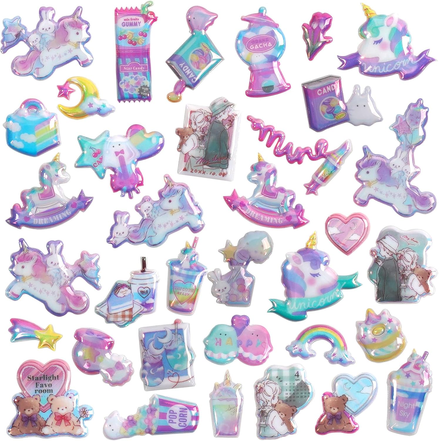 3D Puffy Unicorns Rainbow Stickers for Girls Kids Toddler | Cute Sparkle Stars Moons Clouds and Candy Sticker for Phone Cases, Laptops, Party Favors | 4 Sheets Puff Stickers.