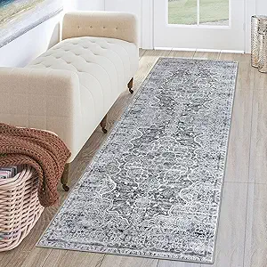 KUTA Hallways Runner Rug 2x6 Grey White, Vintage Floral Rugs Non-Slip Washable Kitchen Runners Soft Printed Retro Flower Entryway Carpet for Bedroom Laundry Entryway Hallway