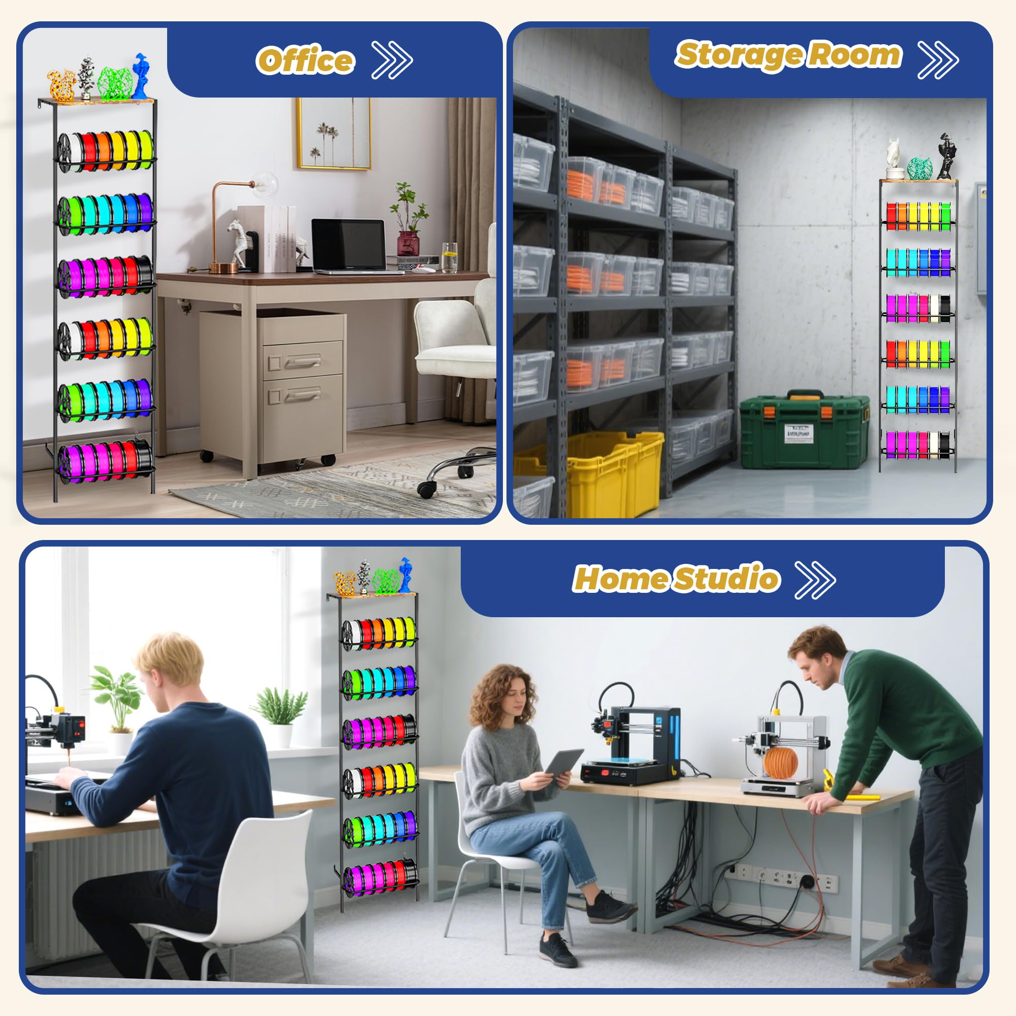 Soporte de pared para almacenamiento de filamentos de impresora 3D, soporte de carrete de filamento de 6 niveles con tablero de madera superior, soporte organizador de filamentos de metal
