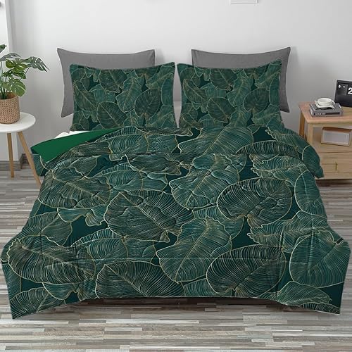 Juego de edredón de hojas verdes doradas con 2 fundas, juego de ropa de cama de bosque verde, tamaño individual, suave y acogedor para adultos y