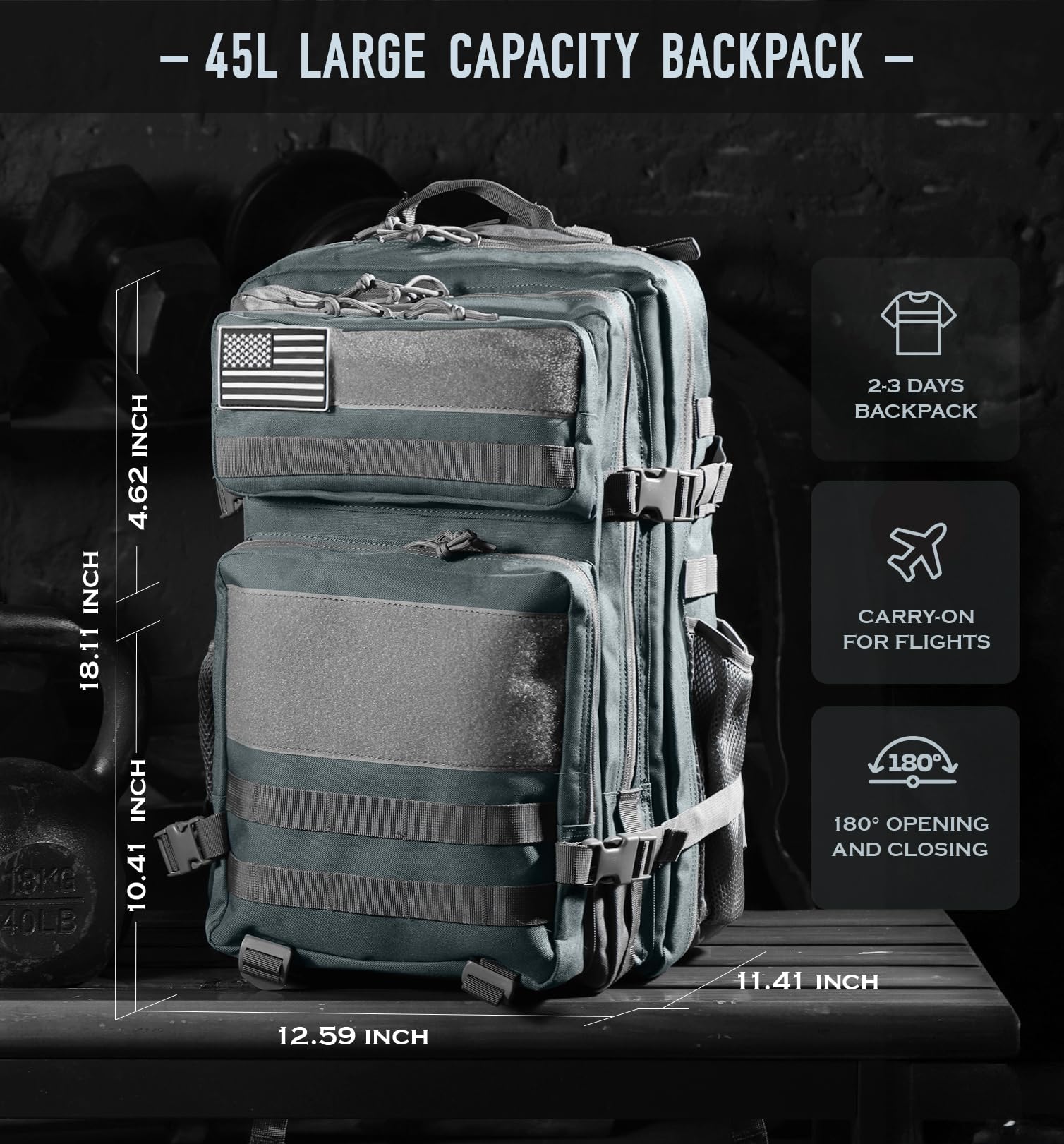 Taktischer Rucksack, Militär-Rucksäcke für Herren, Fitnessstudio, Camping, Wandern, Tagesrucksack, großer Rucksack, 3 Tage, mit MOLLE, 25 l - 45 l