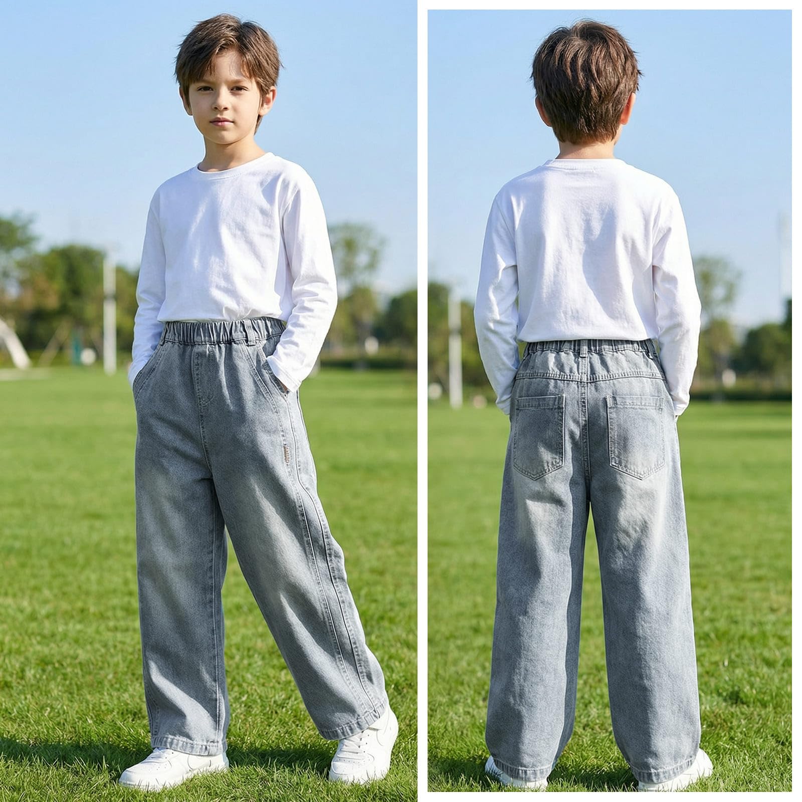 Jean Baggy Garçon Enfants Pantalon en Denim avec Taille Élastique Multiples Poches Loose Fit Décontracté Large Long Jeans Casual Mode Streetwear Ado Pant pour 7-15 Ans