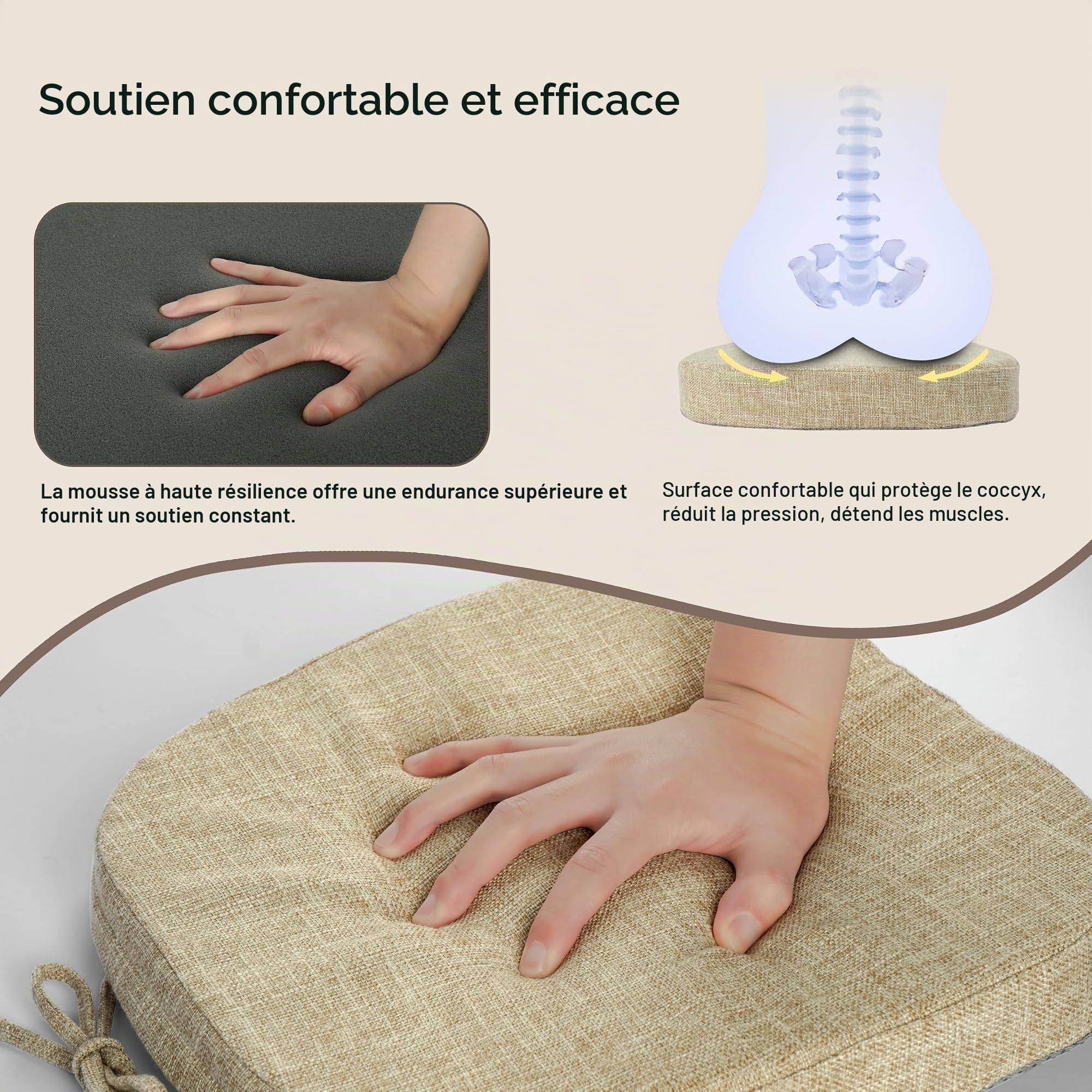 OVOV Lot de 4 coussins de chaise antidérapants texturés épais avec attaches et housse amovible pour chaises de salle à manger en métal (35,5 x 35,5 x 5 cm, beige)