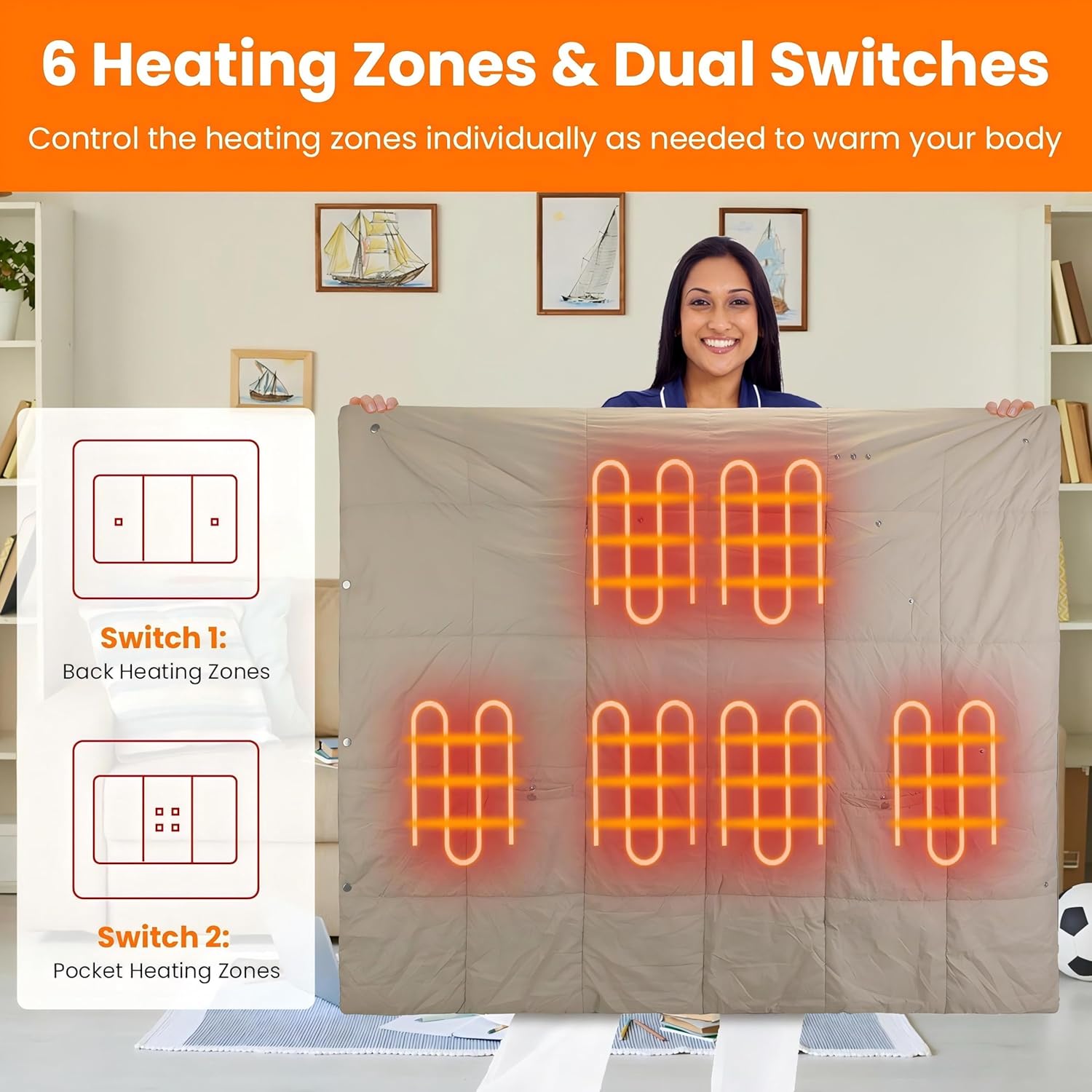 Keep You Warm in Winter and Acventure USB Heated Blanket Electric Heated Poncho Shawl Wrap Throw with Zipper Arm Holes Pocket 3 Heating Levels 6 Zones Dual Switch 5V/2A Machine Washable