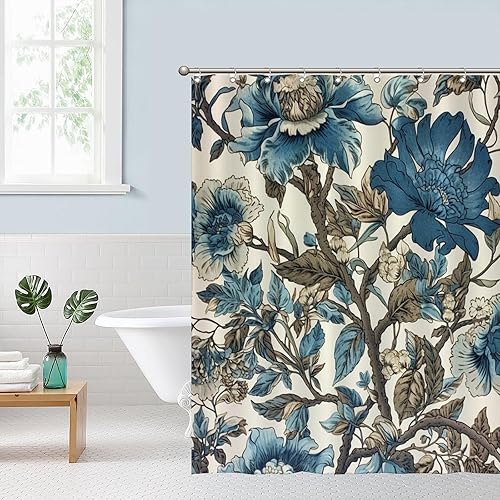 Miniatura 634 de Cortinas de ducha de baño con ganchos, 72 x 92 pulgadas, cortina de ducha de tela impermeable con diseño de flores y pájaros, cortina de ducha