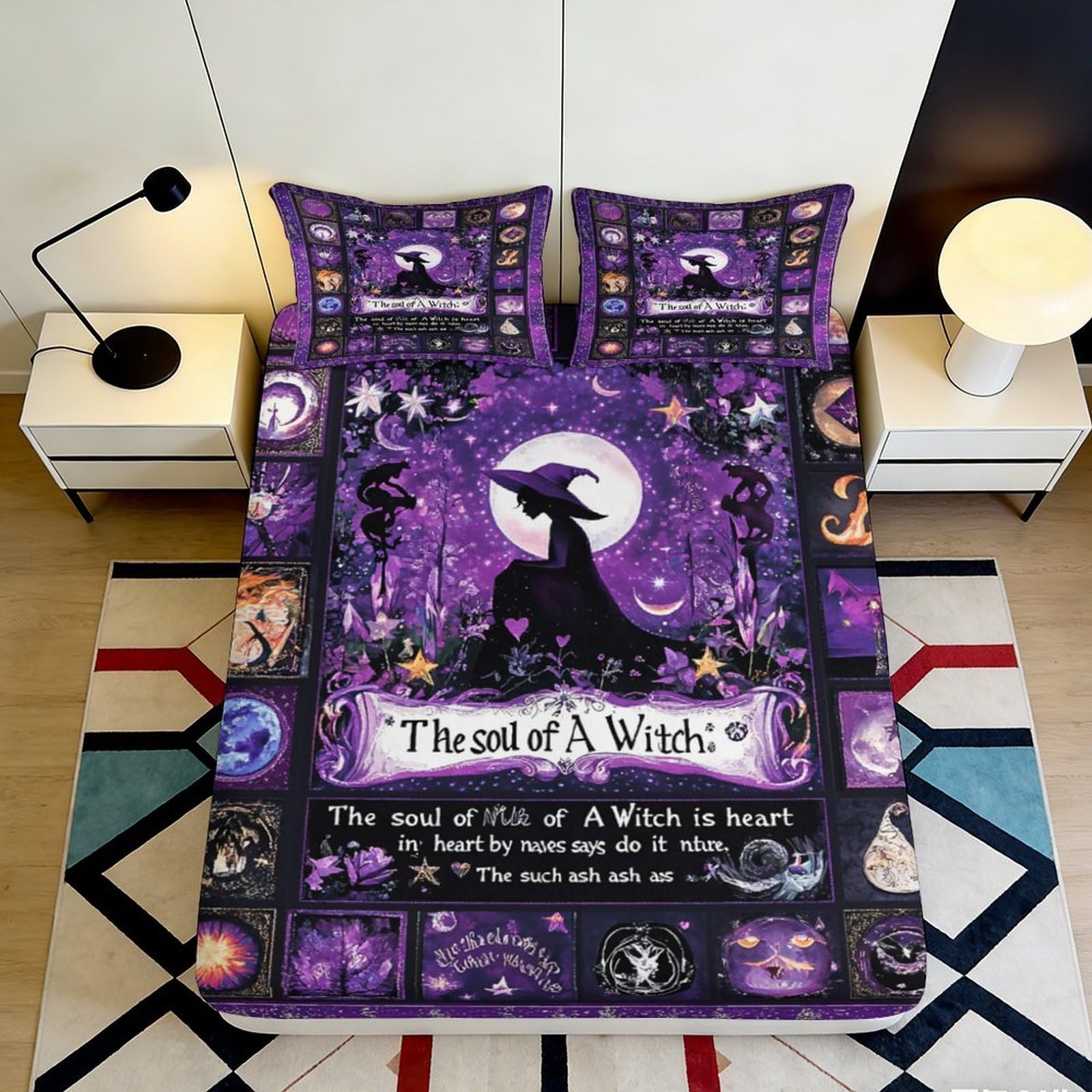 3D Printed Witch Gothic Fitted Sheet Microfiber Purple Halloween Bed Cover for Bedroom Dorm Mattress Decor 90x200x25cm