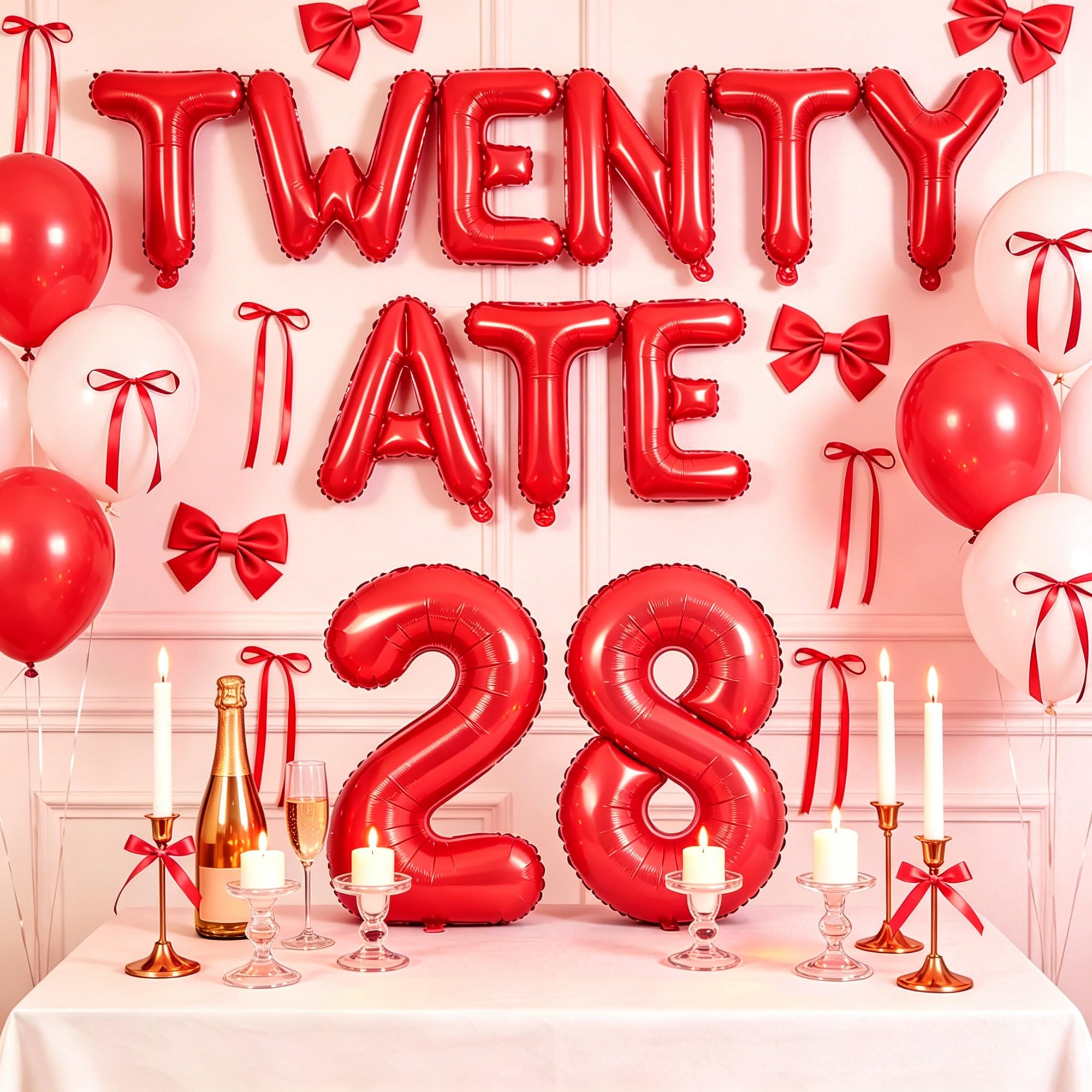 LaVenty Red Twenty Ate Birthday Banner Blloons 28th Birthday Decorations for Women Coquette Twenty Eight Decor Sign Bows Party ideas Supplies Favors