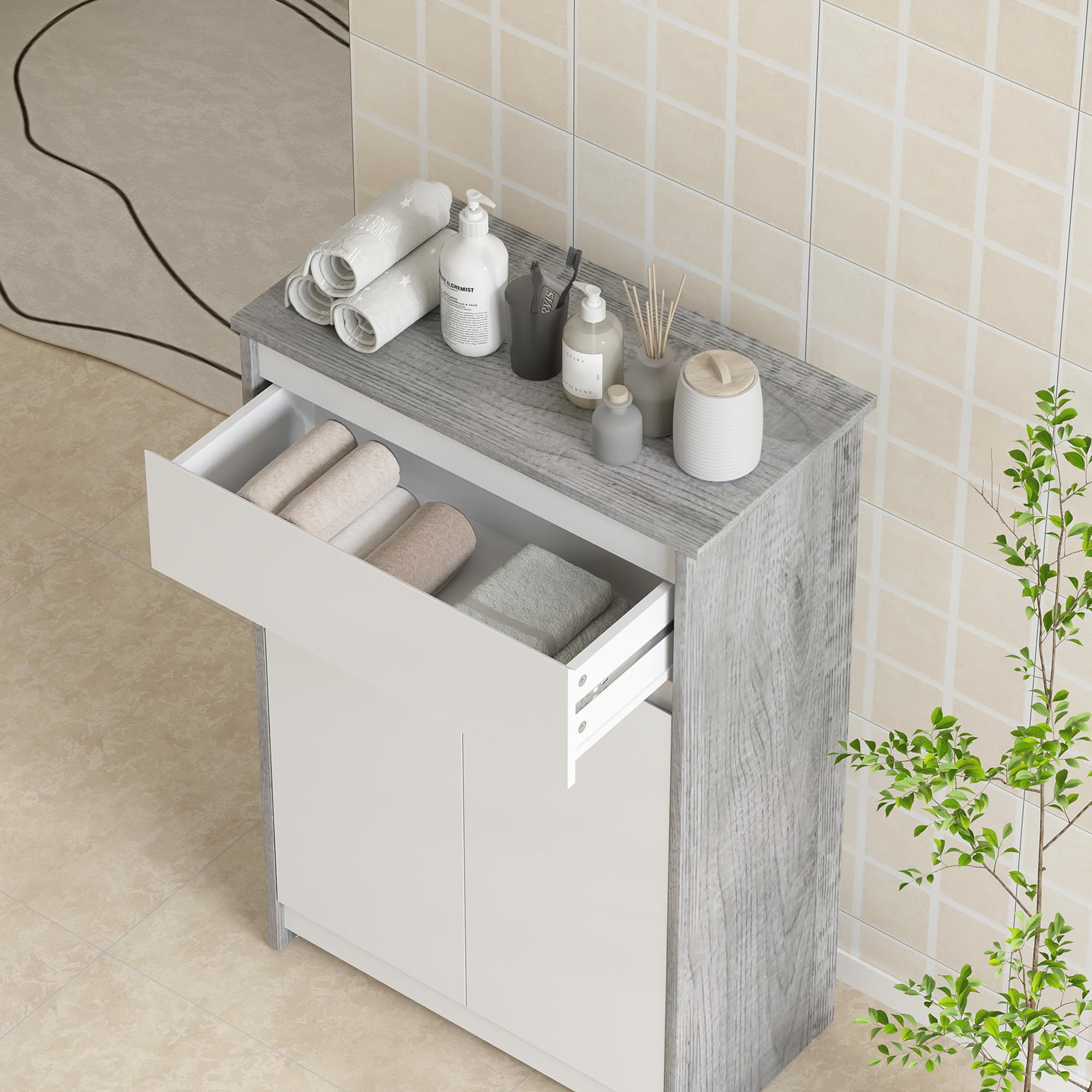 kleankin Mobile Bagno con Cassetto e Ante Doppie Grigio e Bianco | Mobiletto Bagno Salvaspazio, per Lavanderia, Effetto Legno