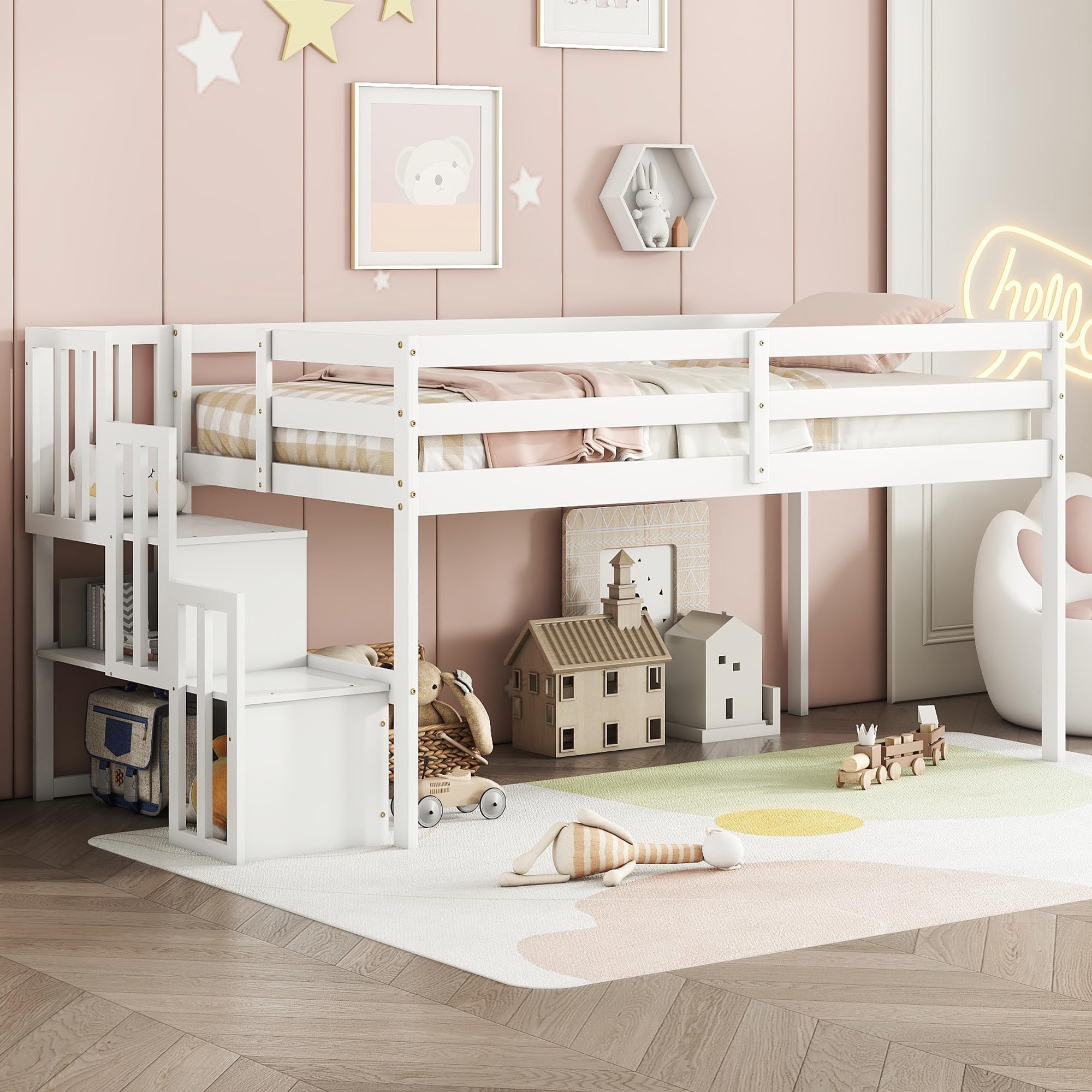 Twin Size Low Loft Bed with Stairs,Kids Loft Bed with Storage Staircase,Twin Bed Frame for Kids Boys Girls,White