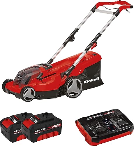 Einhell GE-CM - Cortacésped inalámbrico de 36 voltios de 15 pulgadas con ajuste de altura de 6 posiciones, mango ajustable, bolsa de recolección