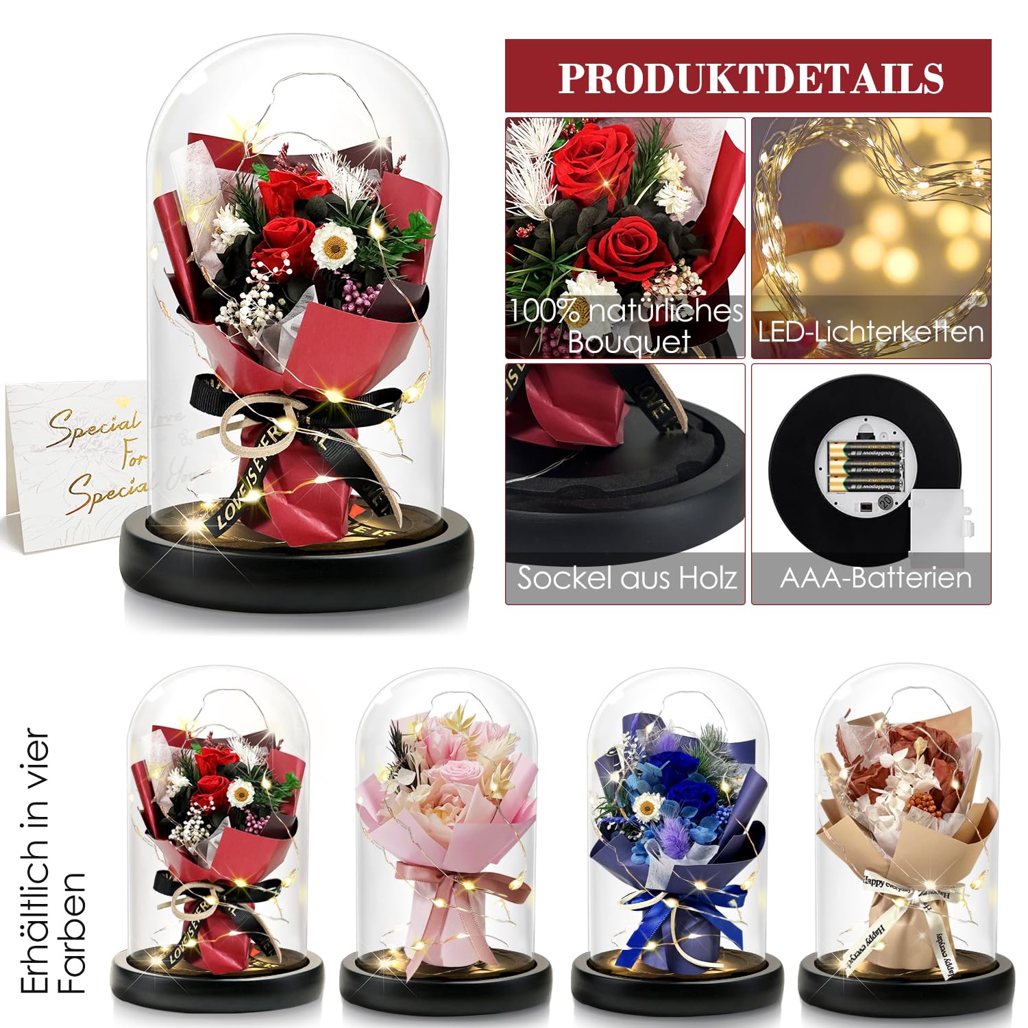 Geschenk für Frauen, Ewige Rose im Glas mit LED, Rote Rose Blumenstrauß, Dekoration für Zuhause, Langlebige Echte Blumen für Mama, Freundin, Ehefrau, Oma (Rot)