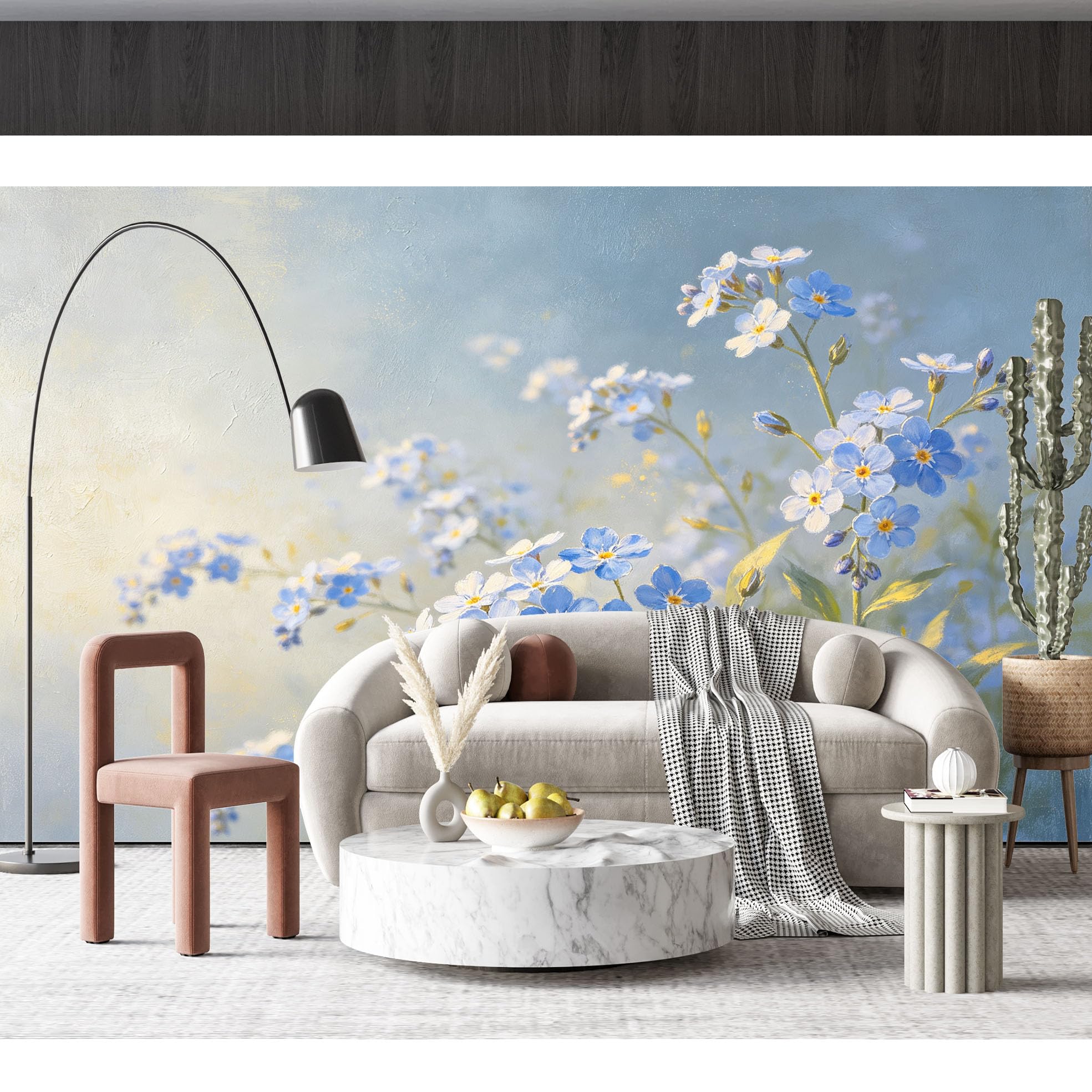 Carta Parati Murale In Seta con Motivo Non Ti Scordar Di Me Ad Acquerello, Grande Stampa Artistica Floreale Blu E Bianca, Sfondo Decorativo per Camera da Letto E Soggiorno, Rivestimento