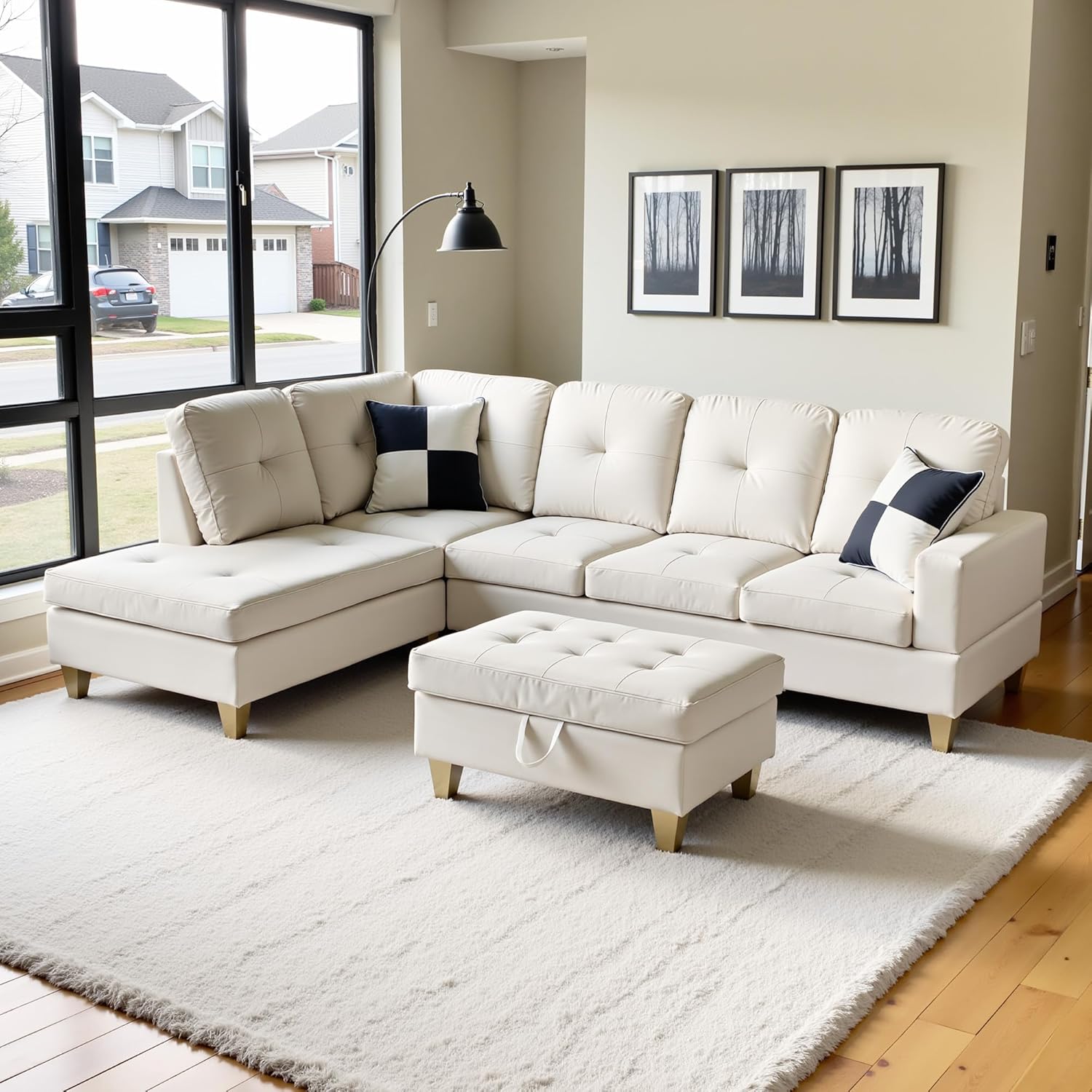 L Shaped Couch Faux Leather Sectional Couches for Living Room Upholstered 3 Pieces Modular Sectional Sofa with Chaise, Ottoman with Storage for Living Room and Small Apartment, White