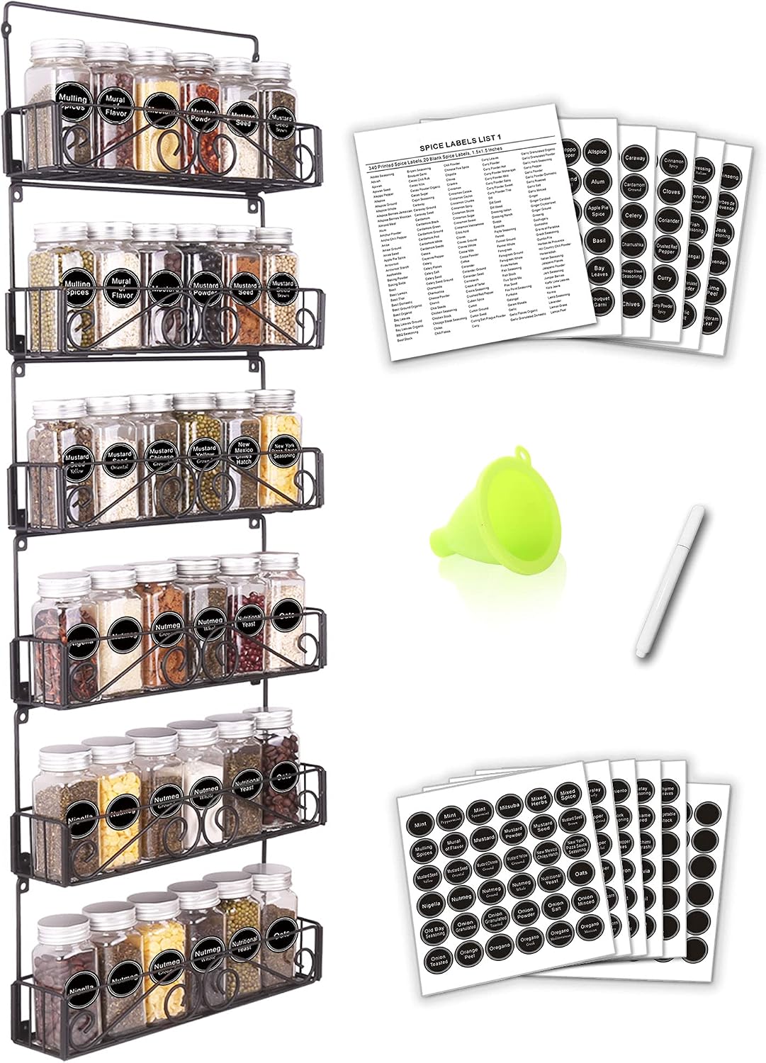 SWOMMOLY 6 Tier Wall Mount Spice Rack Organizer with 36 Spice Jars, 396 Spice Labels, Chalk Marker and Funnel Complete Set. Stackable Foldable Hanging Spice Shelf Storage Racks.