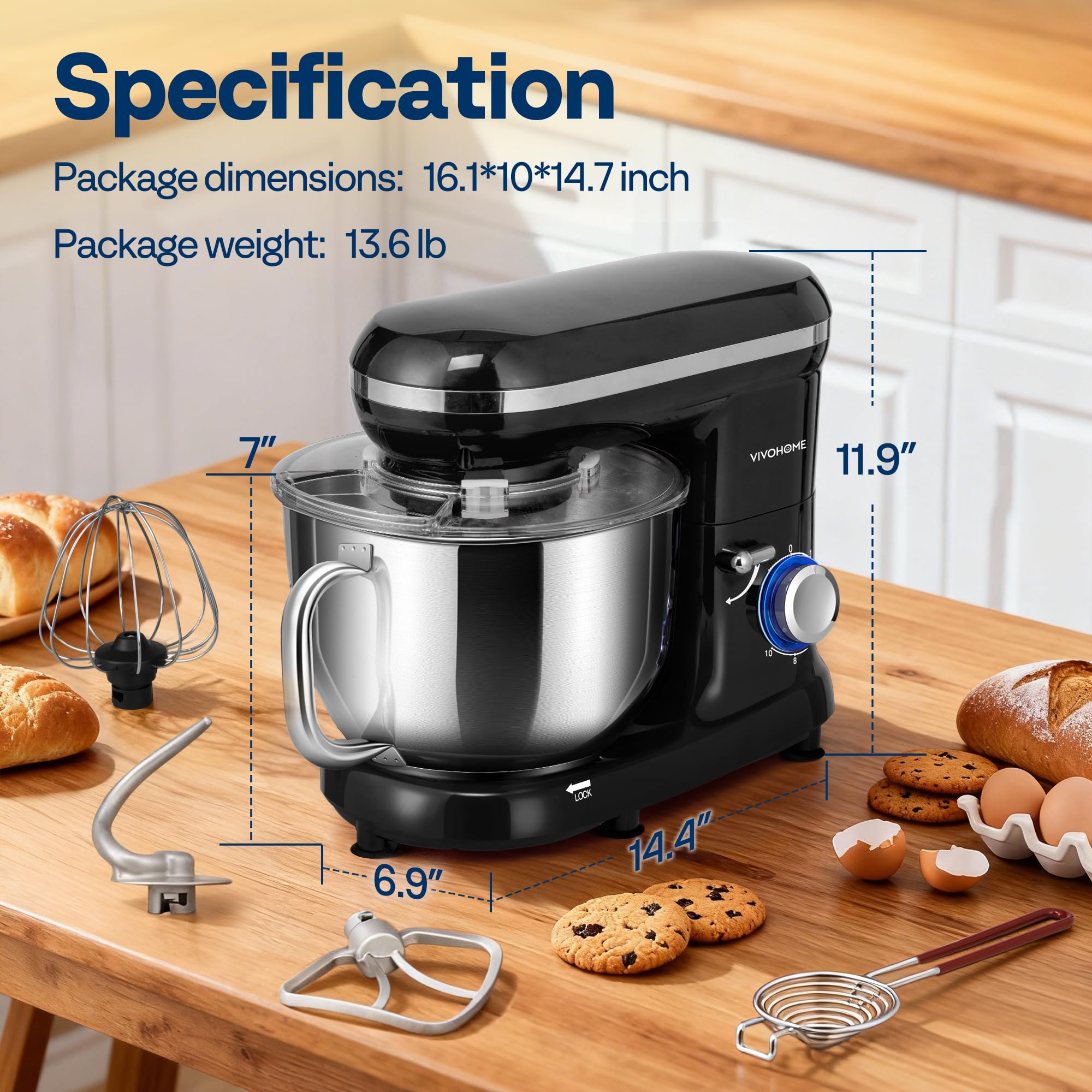 VIVOHOME Mikser Stojący 1500W, 10 Prędkości 5,7L Elektryczny Mikser Kuchenny z Głowicą Odchylaną, Mieszadłem, Hakiem do Ciasta, Trzepaczką i Separatorem Jajek, Czarny