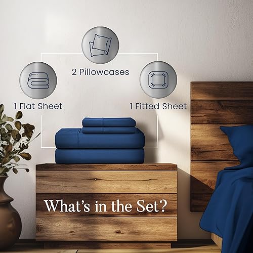 Miniatura 6 de Juego de sábanas de eucalipto tamaño California King, juego de sábanas de 4 piezas, color azul marino y marfil, sábanas de tejido de percal sólido y