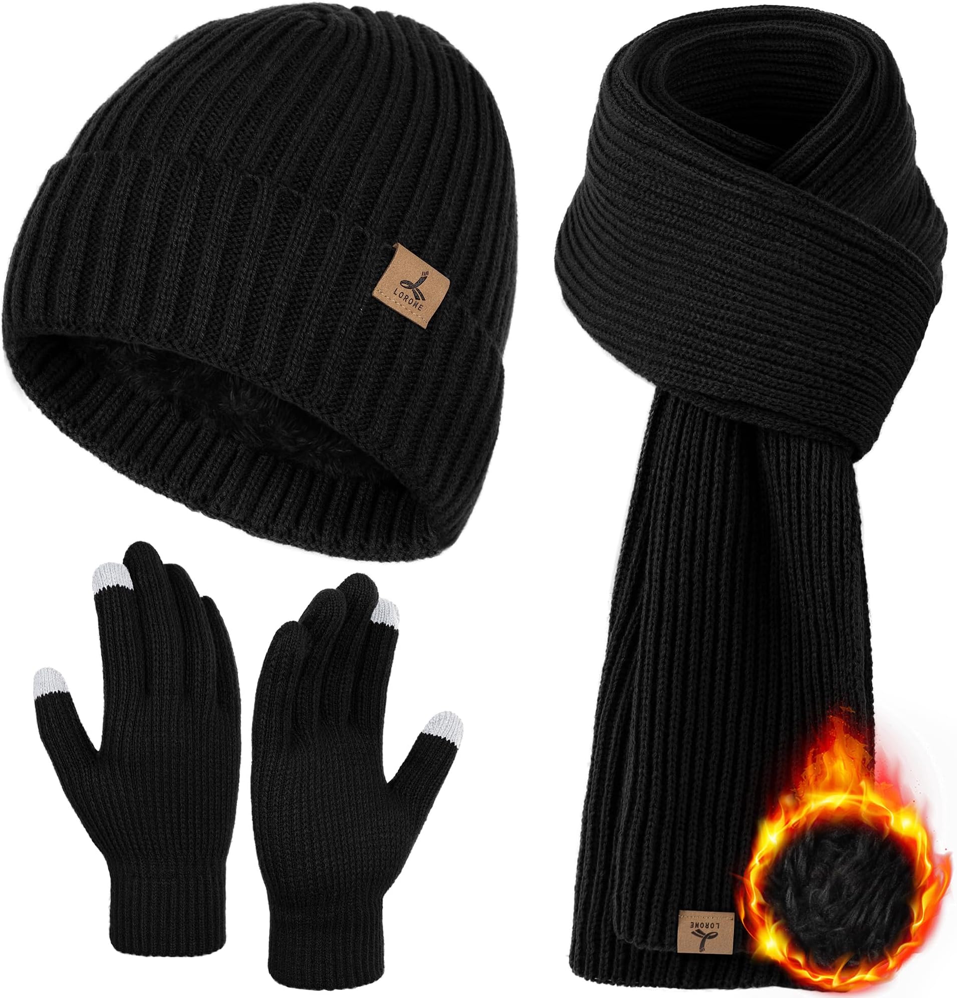3 PCS Winter Hat Scarf Gloves Set, Soft Warm Knit Beanie Hat Touchscreen Gloves Long Knitted Scarf Set Winter Gifts for Men
