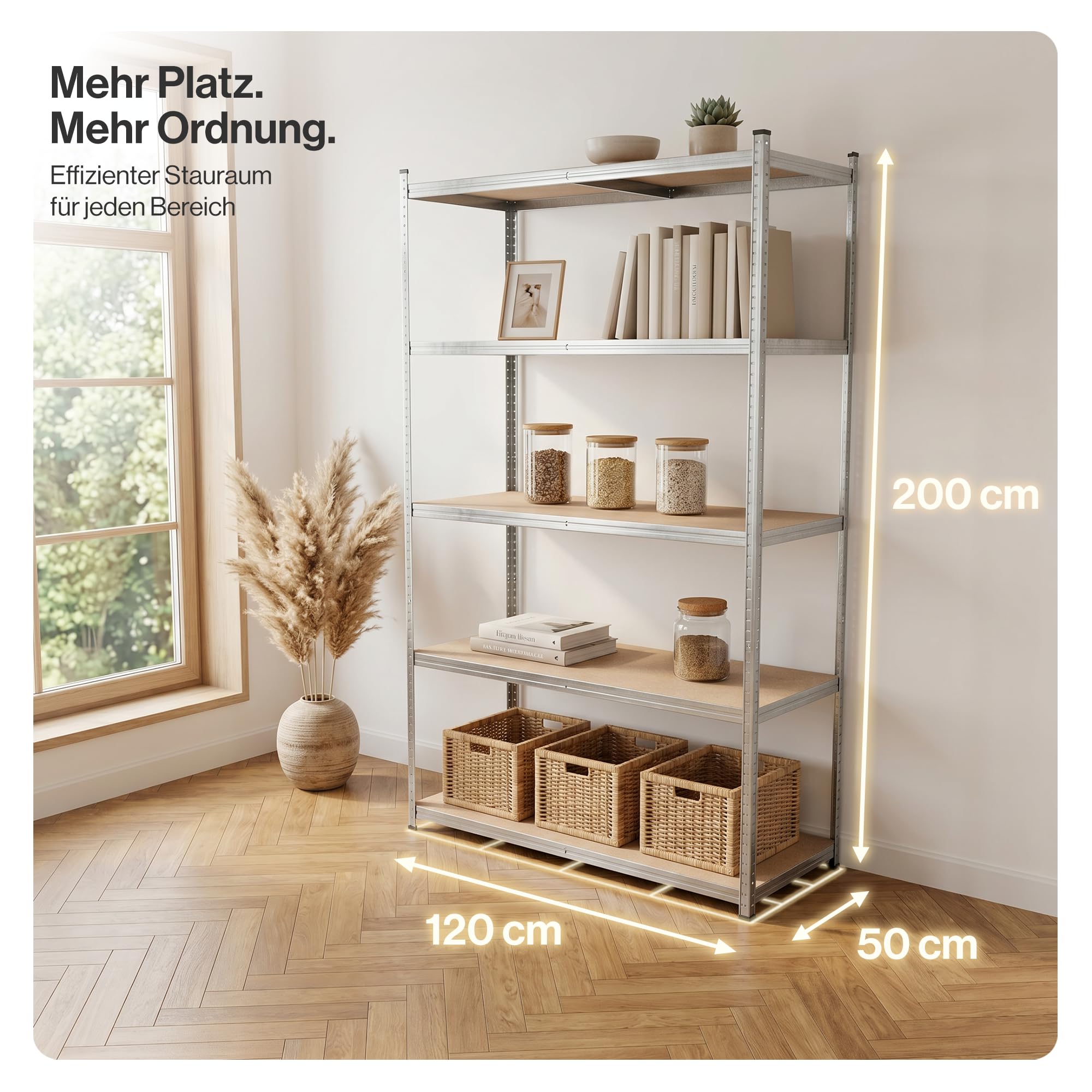 BELKO® Schwerlastregal C225 Verzinkt, 200x120x50 cm, Breitspannregal, XXL Lagerregal & Kellerregal, Metallregal mit 5 Böden, Steckregal bis 900kg belastbar (180kg pro Ebene)