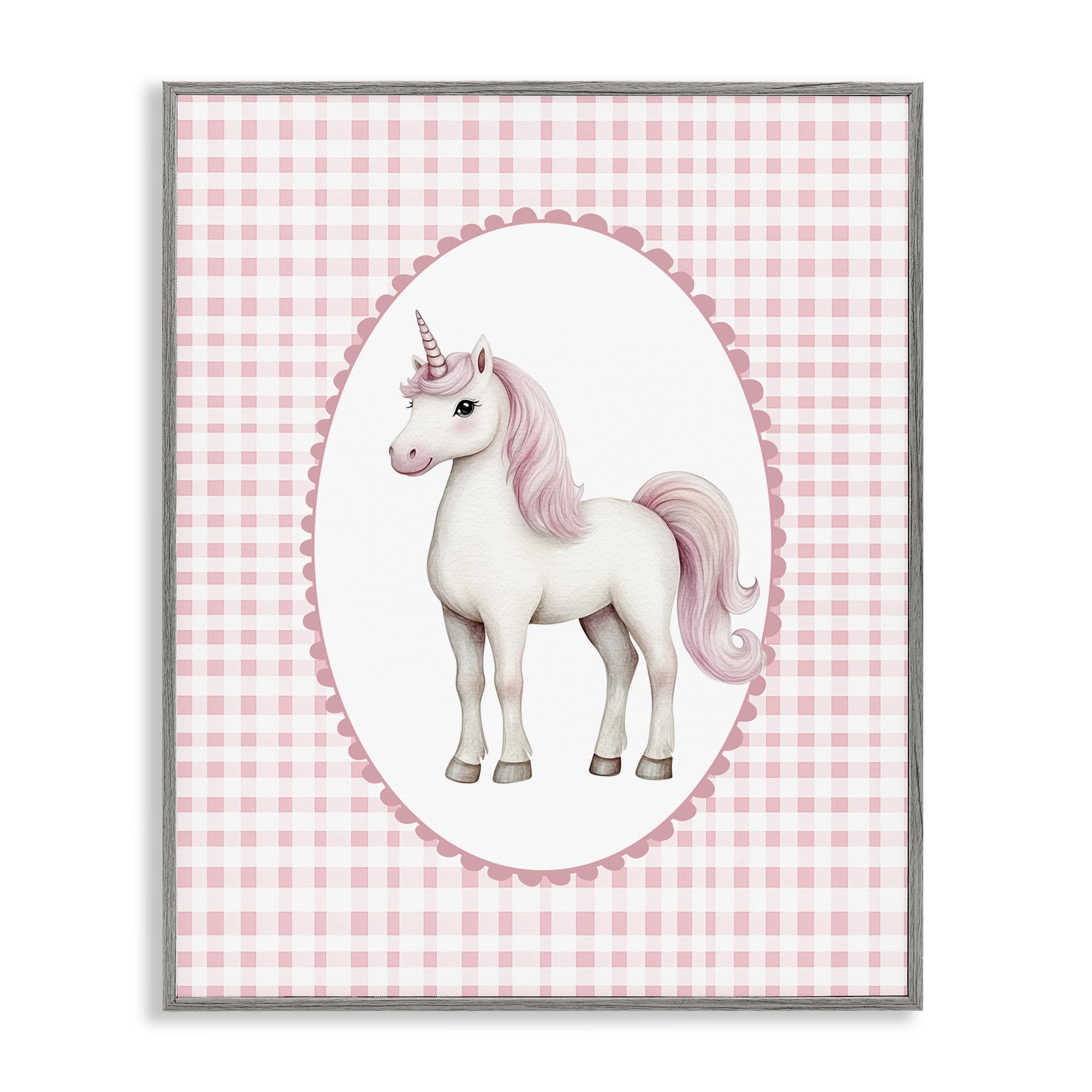 Stupell Industries 'Pink Gingham Unicorn', Framed Giclee Art, Gray, 16 x 20 Inches, Easy to Hang and Sturdy, Made in USA, by Christine Simpson Art