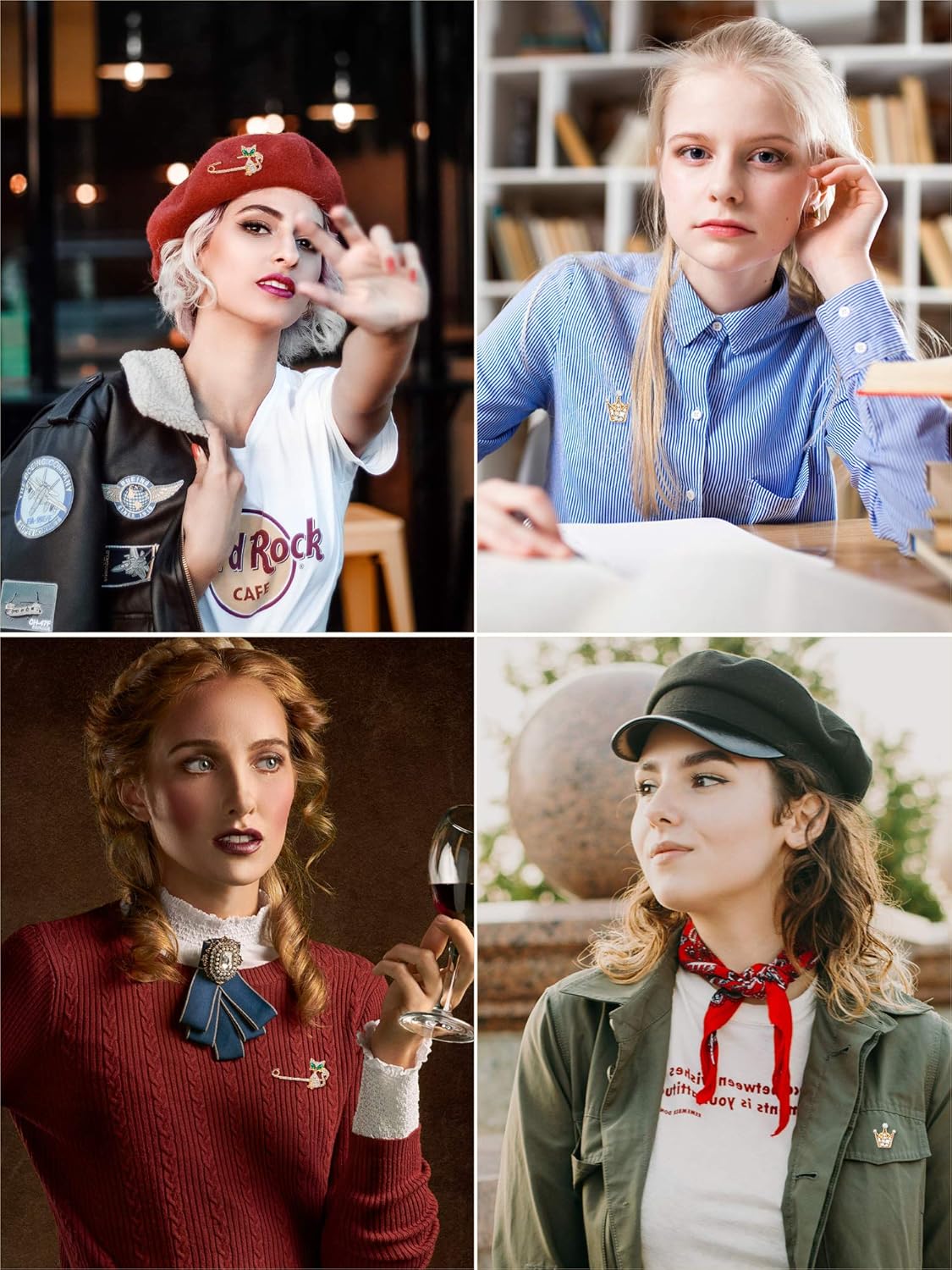 Miniatura 7 de 6 piezas de lana boina sombrero de lana de color sólido sombrero de gorro francés con broche de bufanda sedosa