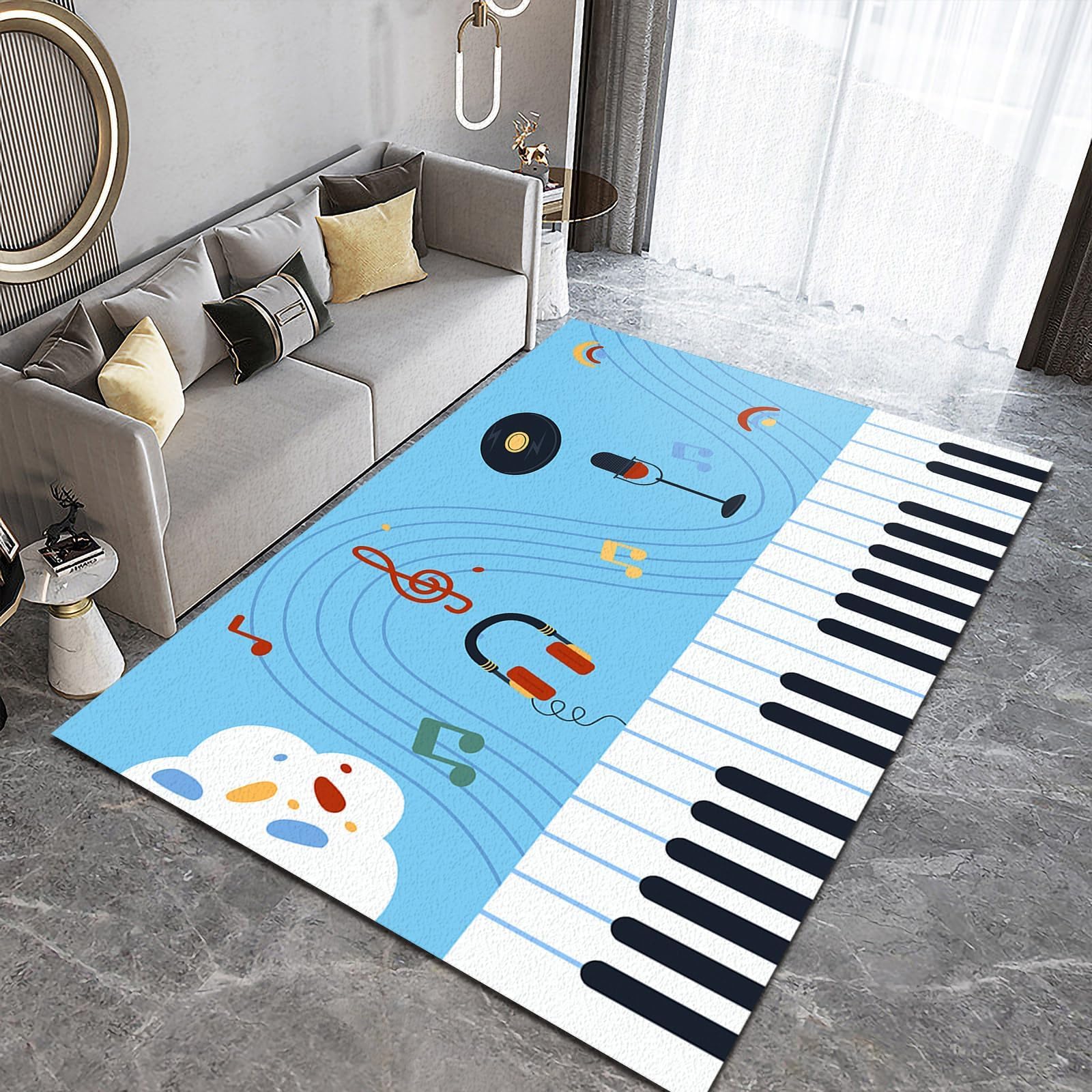 Alfombra azul con notas de dibujos animados, suave, diseño de partituras de piano, alfombra grande para dormitorio, cocina, sala de estar, 80 x 150 cm